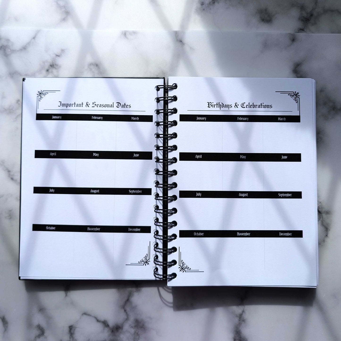 A two page layout inside the 2025 Planner by Gothic Office. These pages are for Important and Seasonal Dates, and Birthdays and Celebrations.