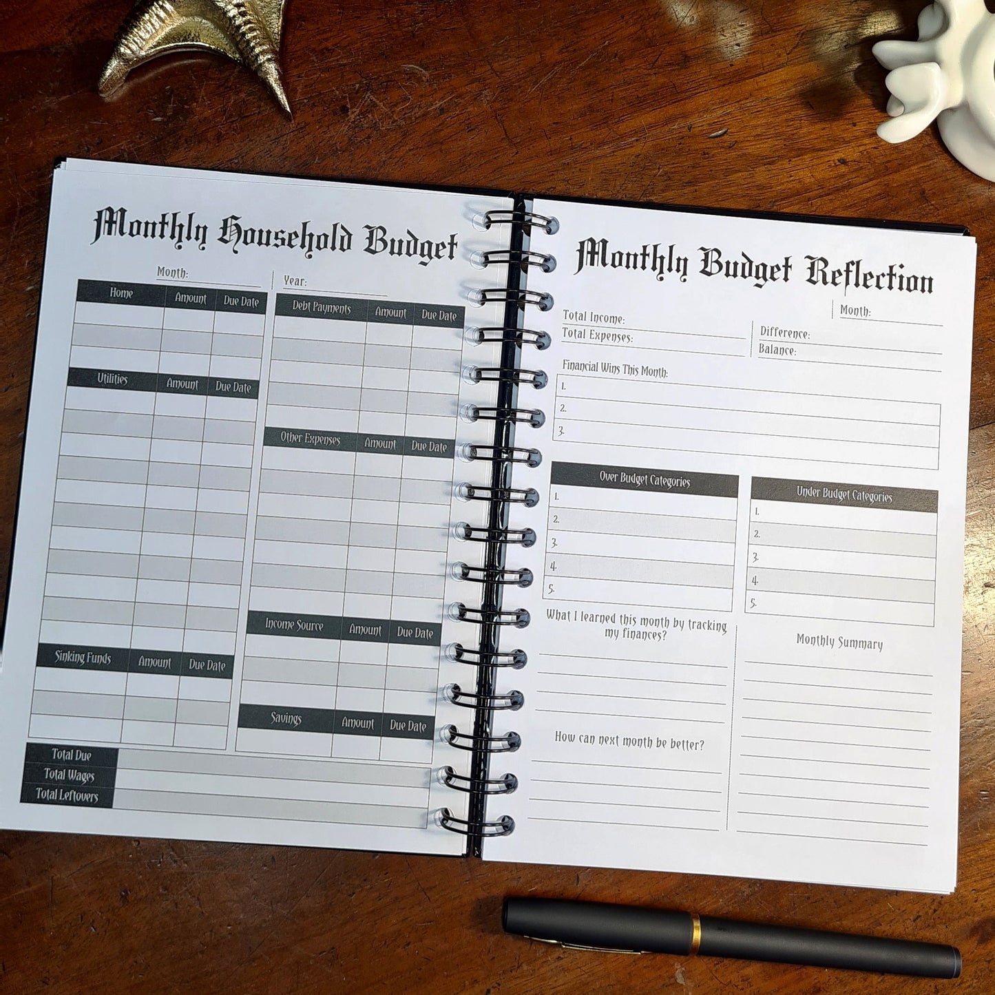 A two-page layout inside the Financial Planner by Gothic Office. The left page is Monthly Household Budget and the right is a Monthly Budget Reflection.