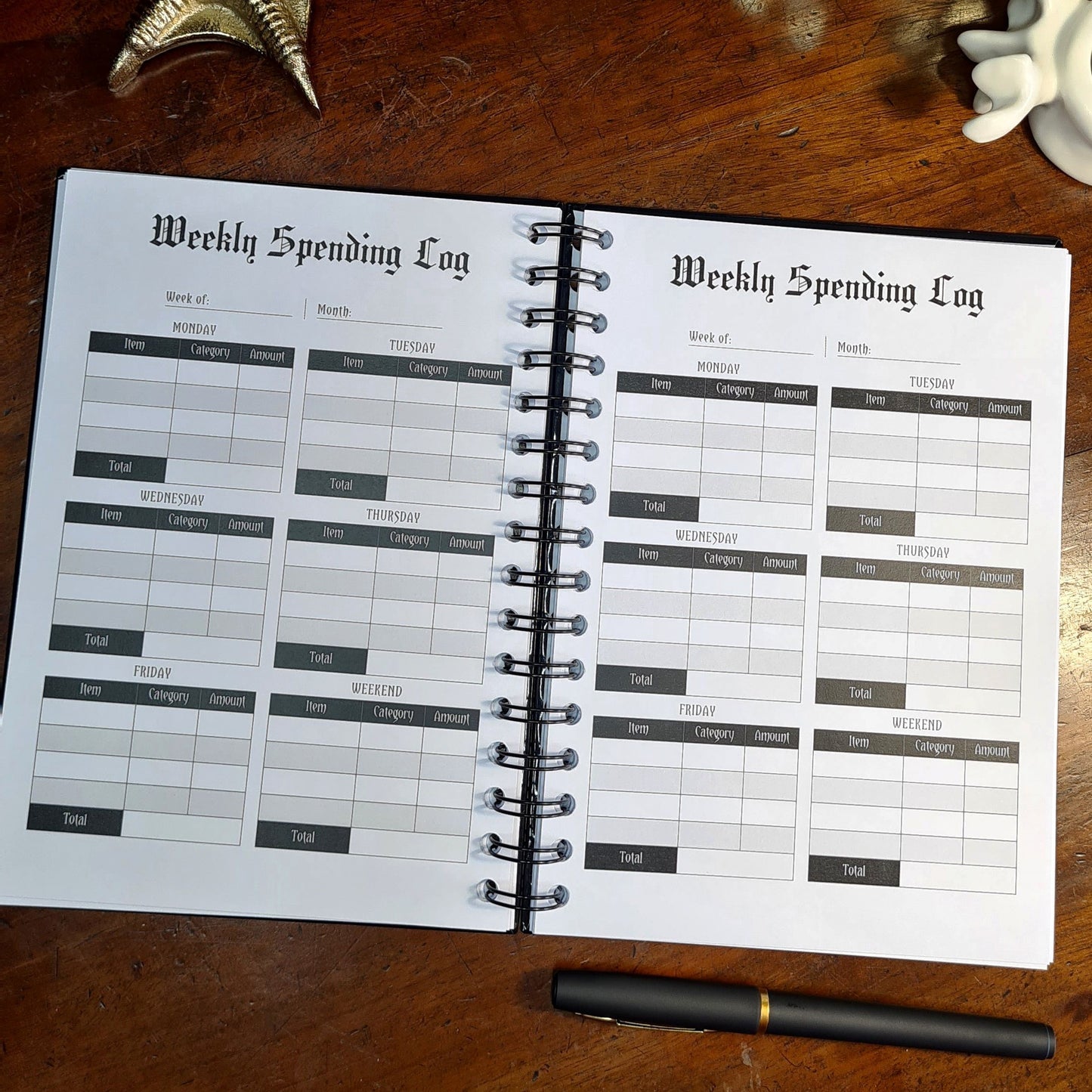 A two-page layout inside the Financial Planner by Gothic Office. Both pages are a Weekly Spending Log.