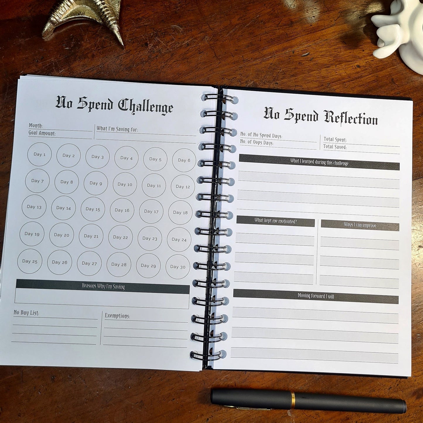 A two-page layout inside the Financial Planner by Gothic Office. The left page is a No Spend Challenge and the right page is a No Spend Reflection.