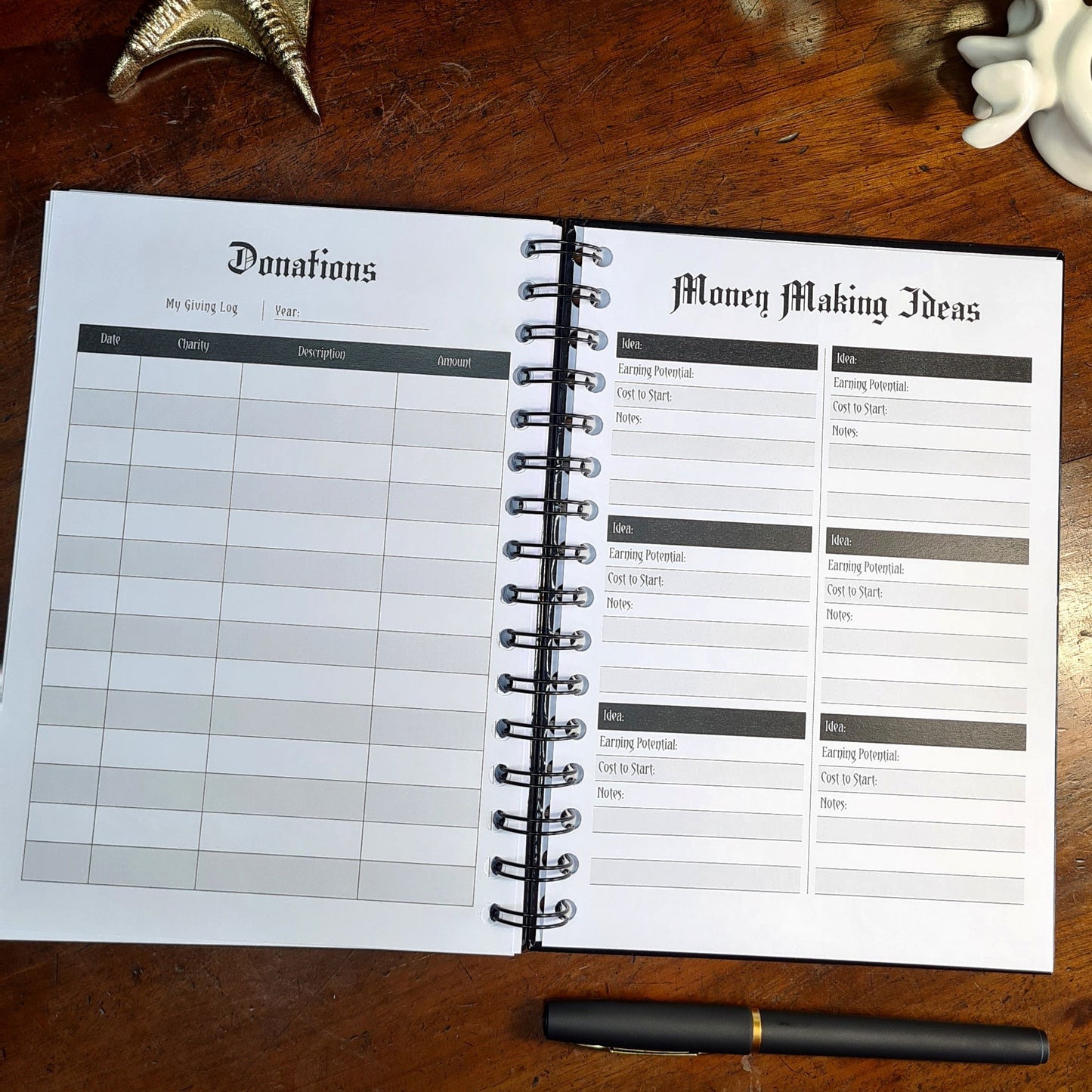 A two-page layout inside the Financial Planner by Gothic Office. The left page is for Donations and the right page is Money Making Ideas.