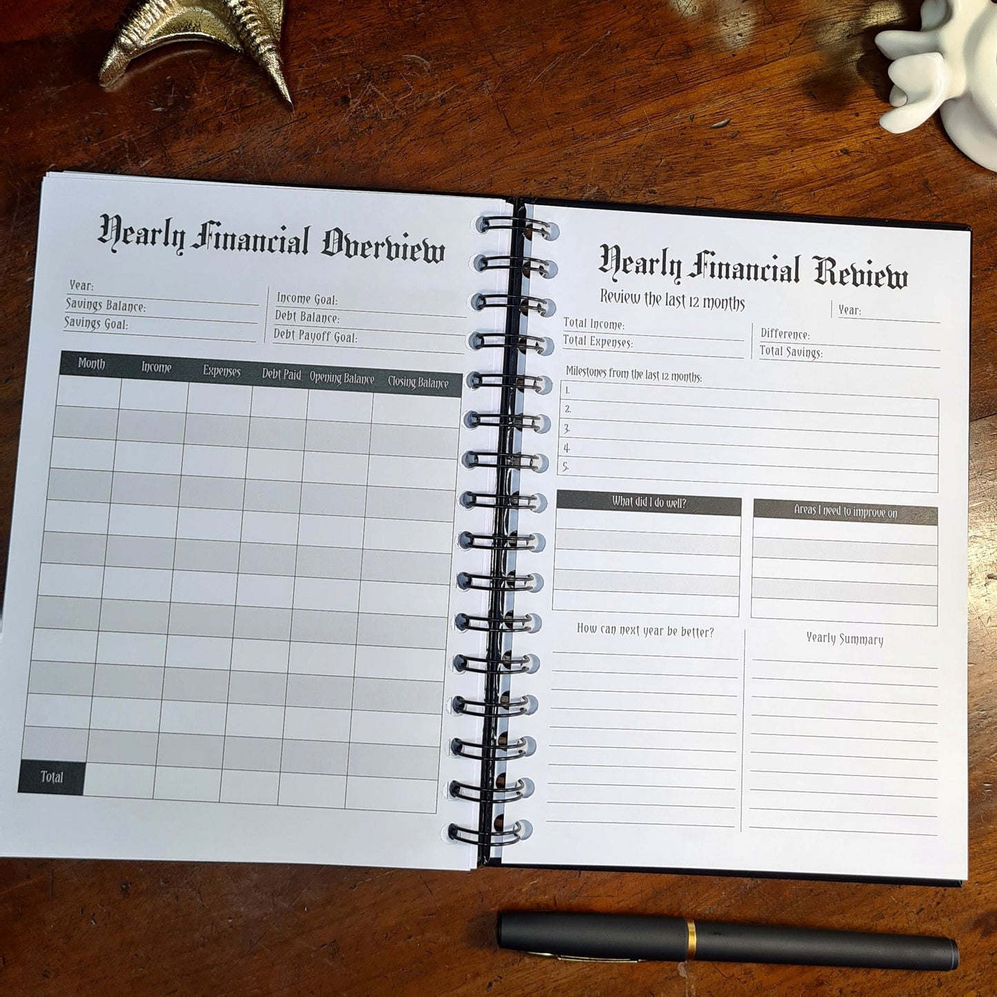 A two-page layout inside the Financial Planner by Gothic Office. The left page is a Yearly Financial Overview and the right page is a Yearly Financial Review.
