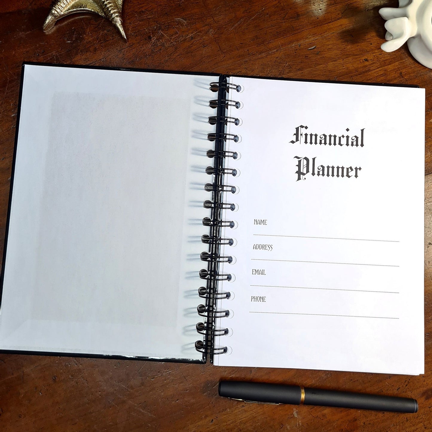 The inside of a gothic Financial Planner by Gothic Office. On this page you can write your name, address, email and phone number.