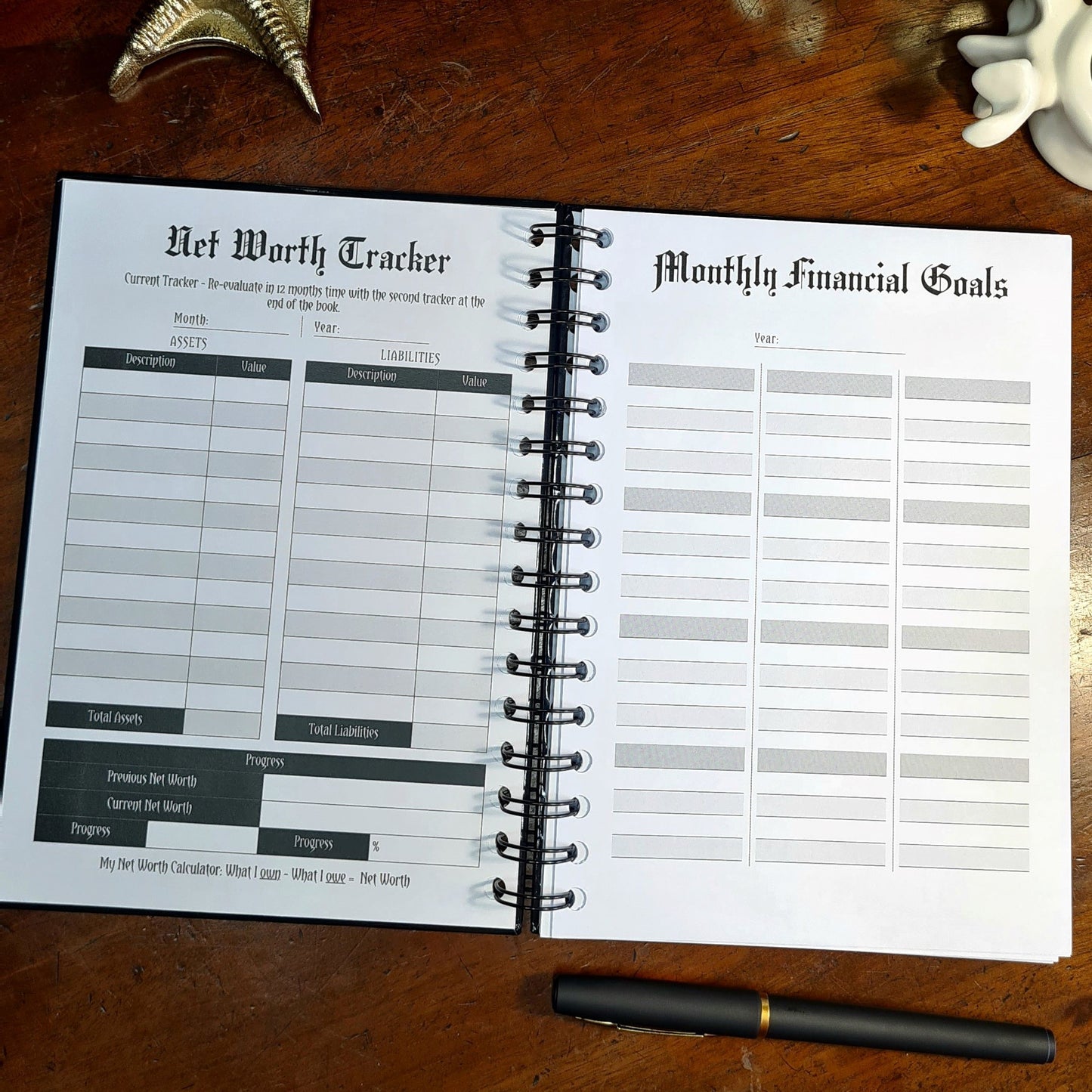 A two-page layout inside the Financial Planner by Gothic Office. The left page is your Net Worth Tracker and the right is for your Monthly Financial Goals.