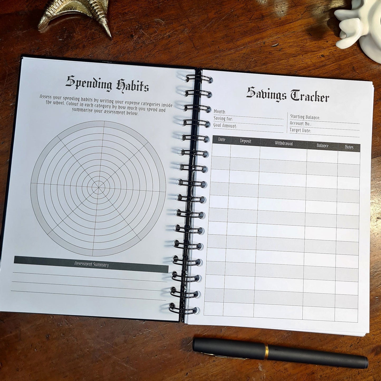 A two-page layout inside the Financial Planner by Gothic Office. The left page is for your Spending Habits and the right is a Savings Tracker.