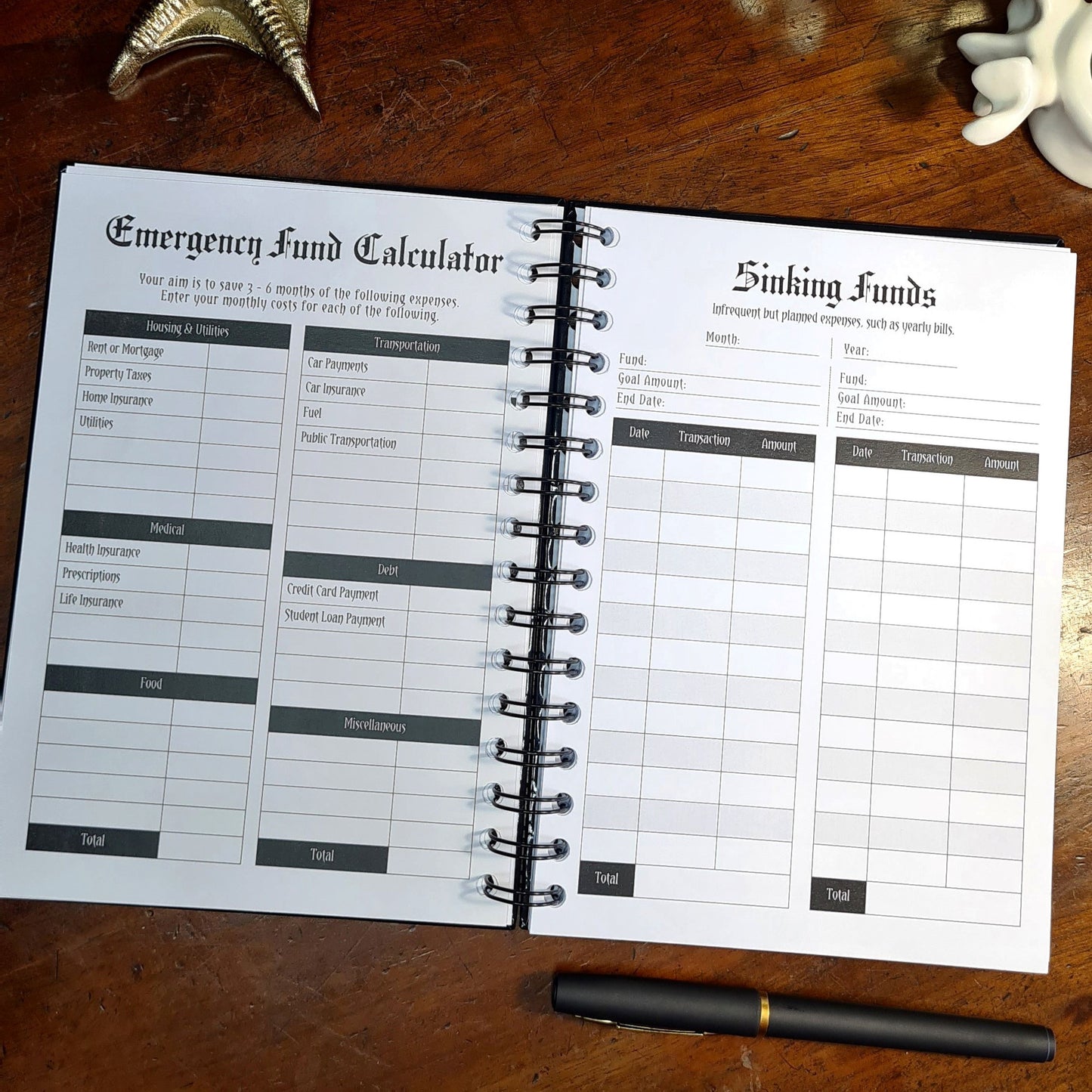 A two-page layout inside the Financial Planner by Gothic Office. The left page is an Emergency Fund Calculator and the right is a page for Sinking Funds.