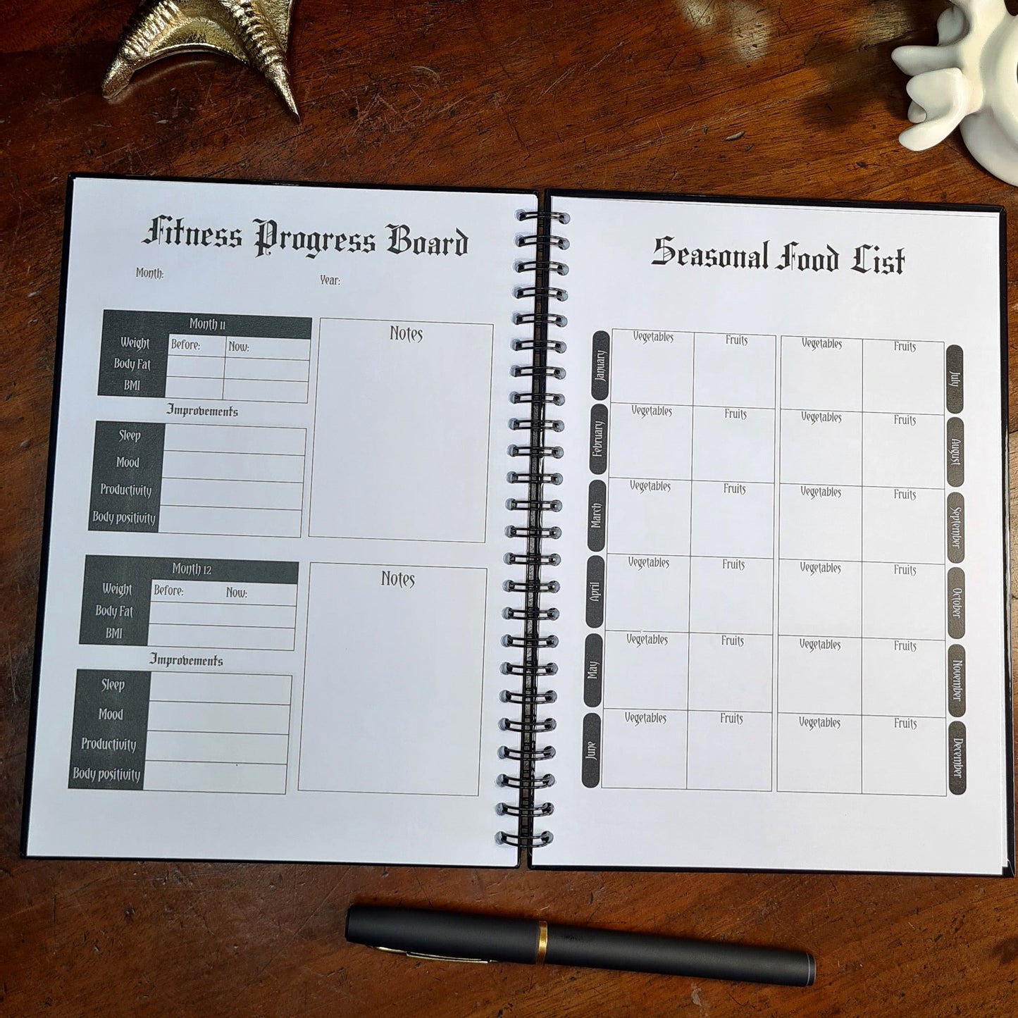 A two page layout inside the Fitness Planner by Gothic Office. The left page is the last Fitness Progress Board and the right is a Seasonal Food List.