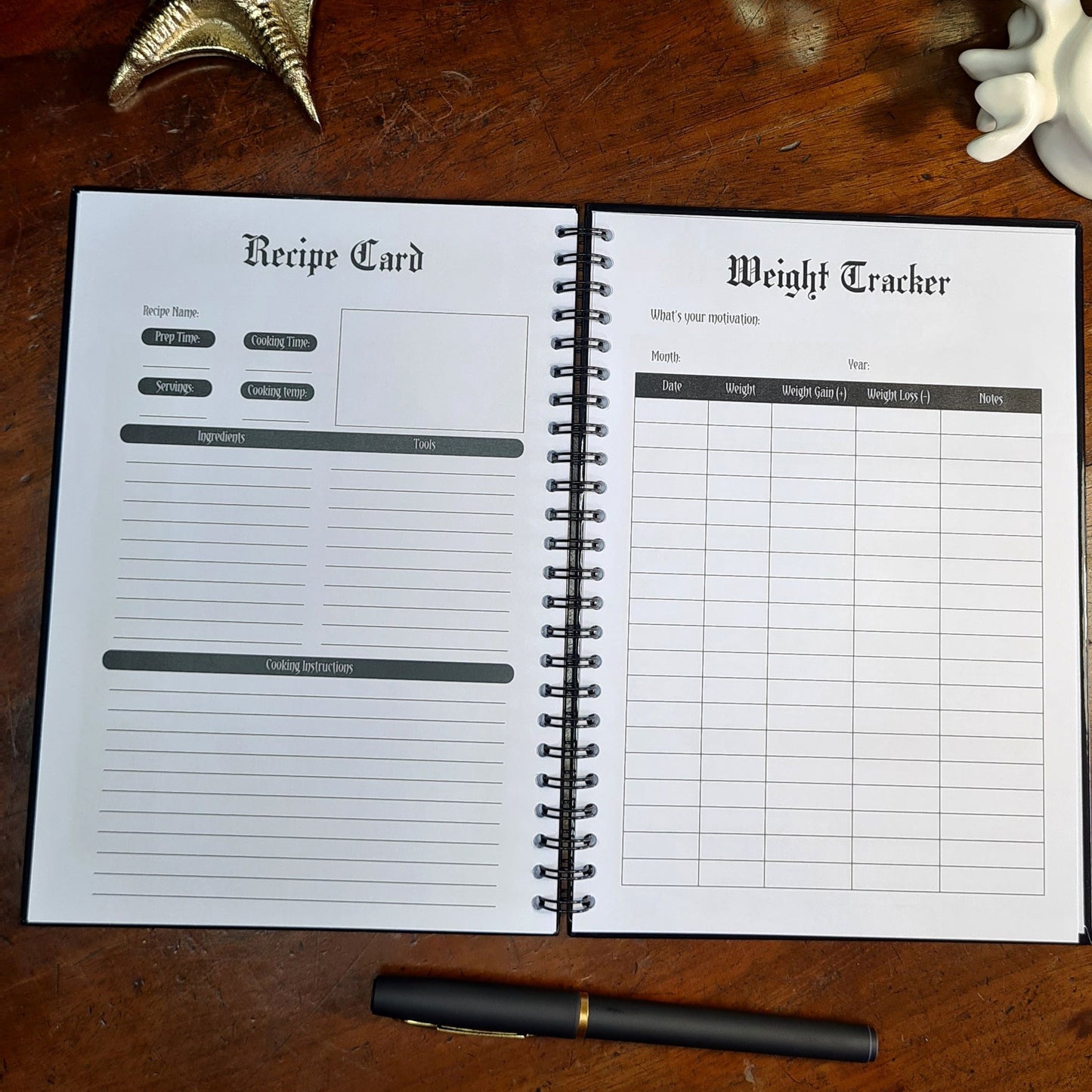 A two page layout inside the Fitness Planner by Gothic Office. The left page is a Recipe Card and the right is a Weight Tracker.
