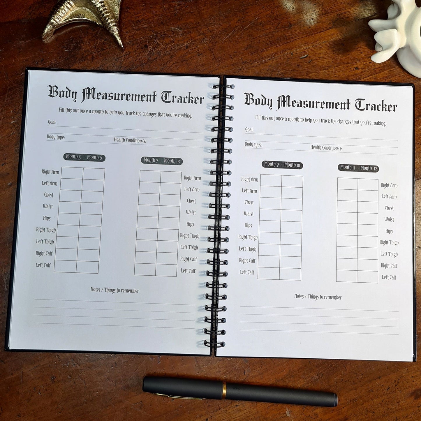 A two page layout inside the Fitness Planner by Gothic Office. The left page is a body Measurement Tracker for months 5 - 8 and the left is months 9 - 12.