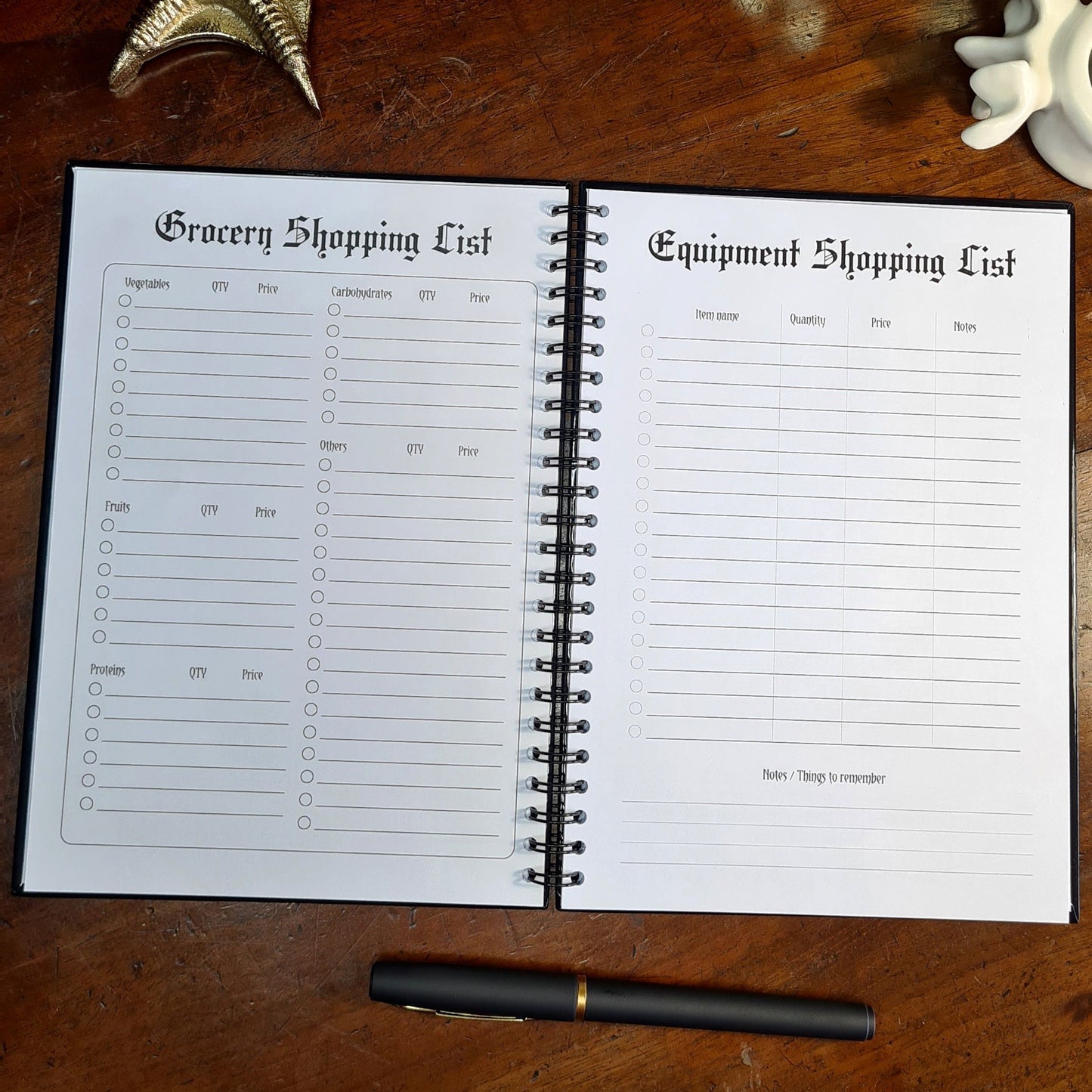 A two page layout inside the Fitness Planner by Gothic Office. The left page is a Grocery Shopping List and the right is an Equipment Shopping List.