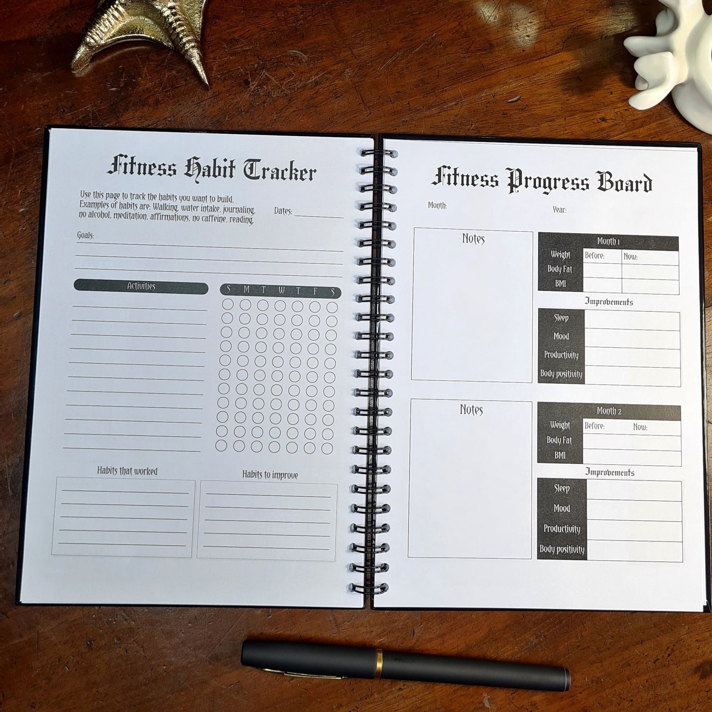 A two page layout inside the Fitness Planner by Gothic Office. The left page is a Fitness Habit Tracker and the right is a Fitness Progress Board, months 1 and 2.