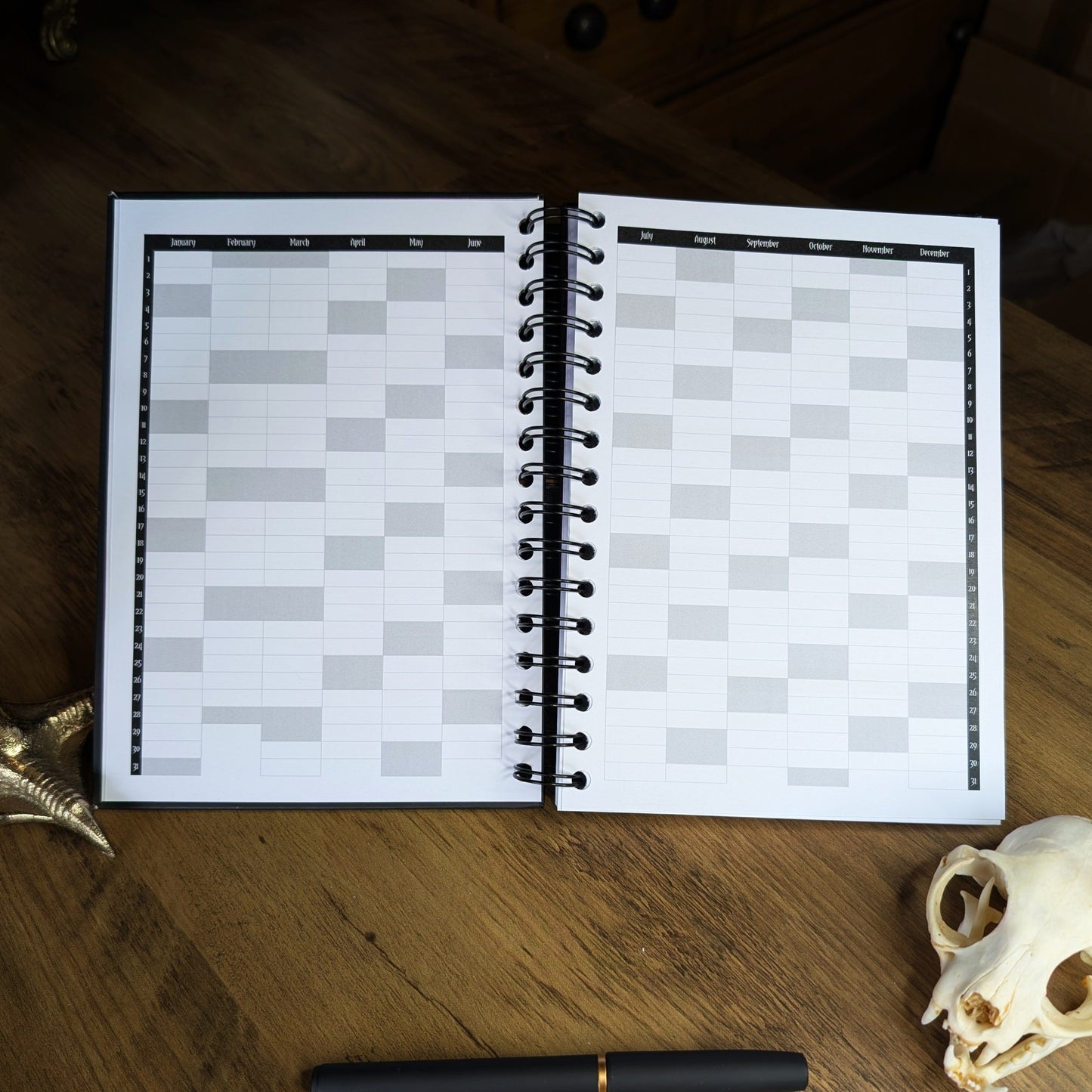 A two page spread of the Gothic Office 2026 Planner which shows a Yearly Overview.