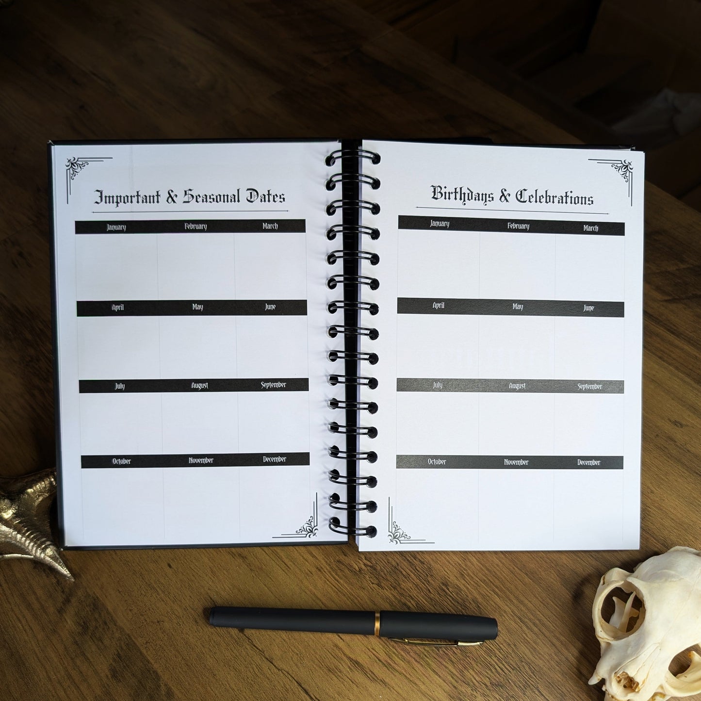 A two page spread in the Gothic Office 2026 Planner where you can write down your important dates.