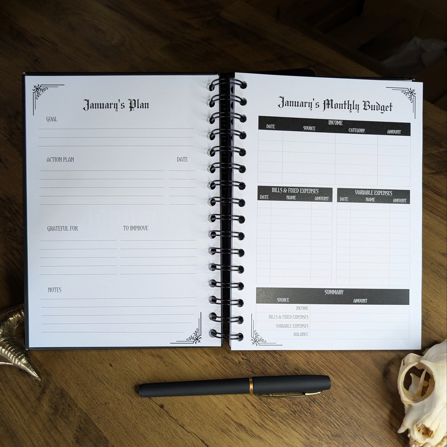 A two page spread from the Gothic Office 2026 Planner which shows the goal setting page for January and January's Monthly Budget.