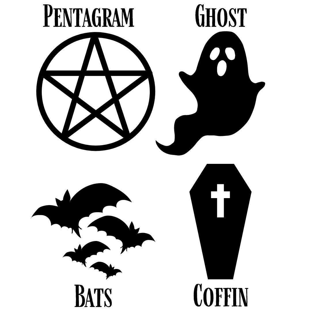 These are the 4 designs you can add to your personalised vinyl by Gothic Office. Pictured is a pentagram, a ghost, bats and a coffin.