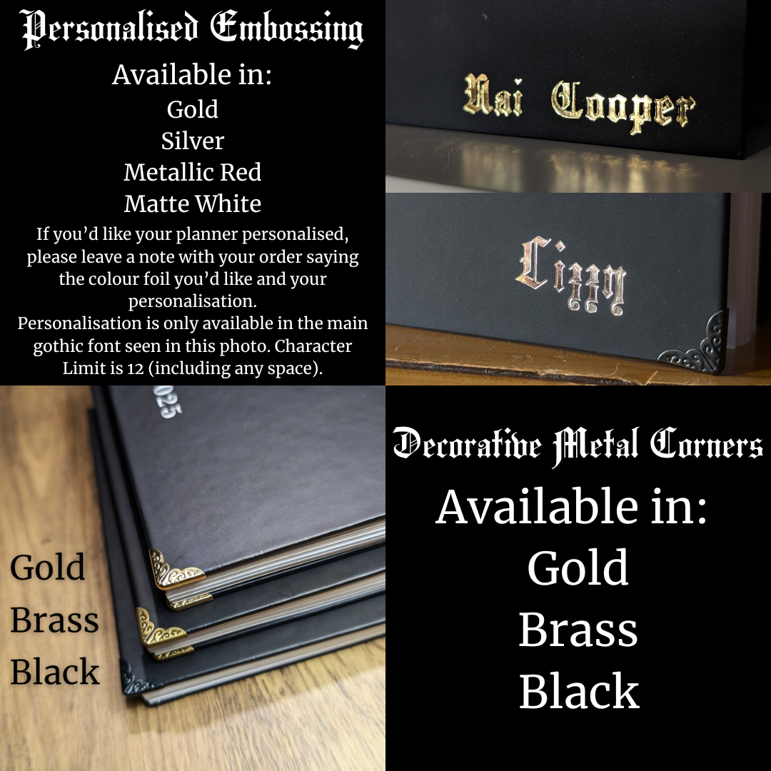 A photo of the Embossing and Metal Corner options available.