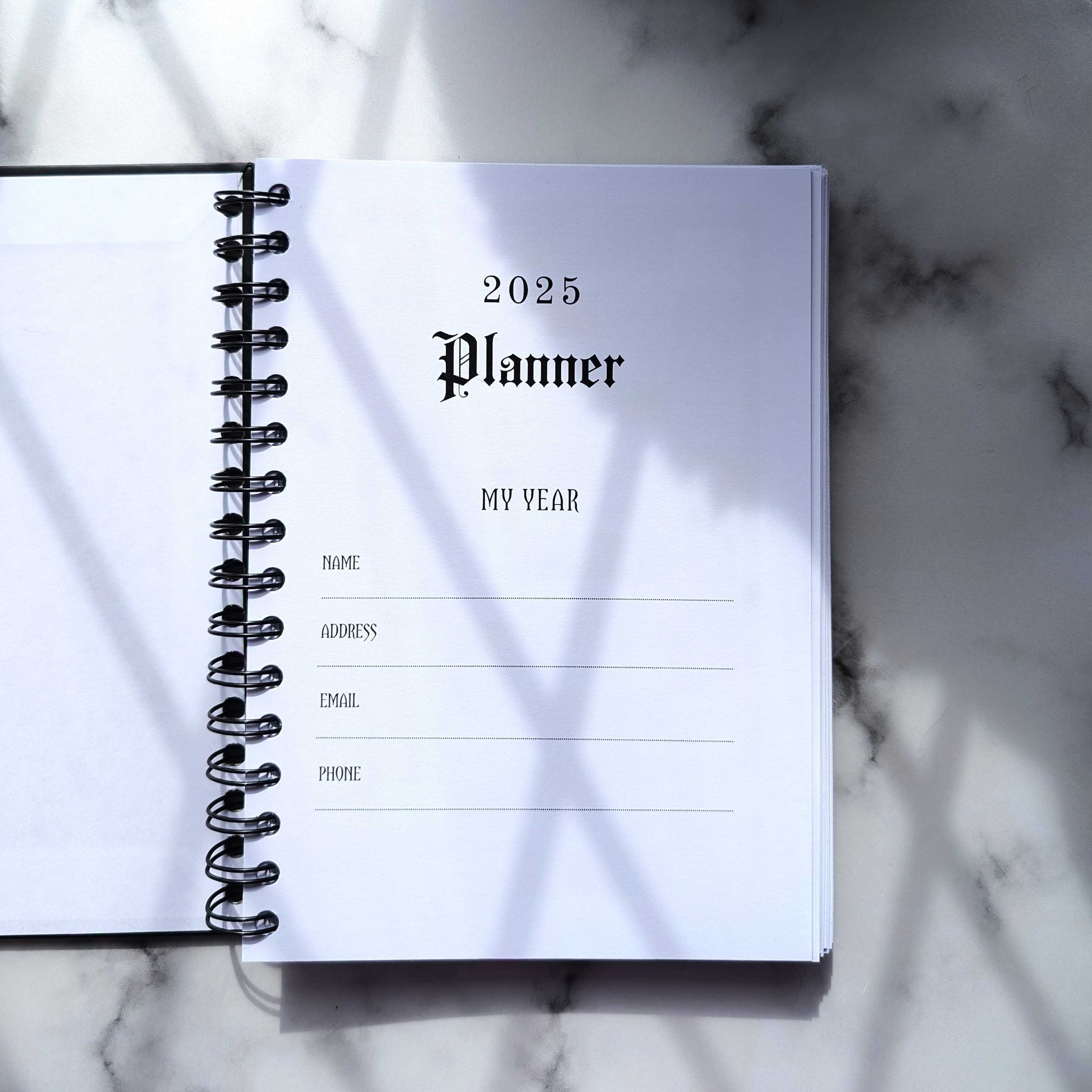 The inside of a gothic 2025 Planner by Gothic Office. On this page you can write your name, address, email and phone number.