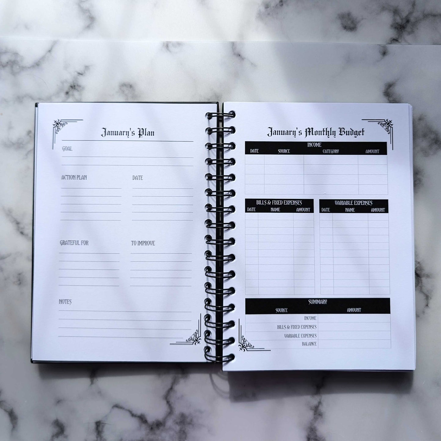 A two page layout inside the 2025 Planner by Gothic Office. The left page says January's Plan and has spaces for your goals and notes.  The right page is for your monthly budget.