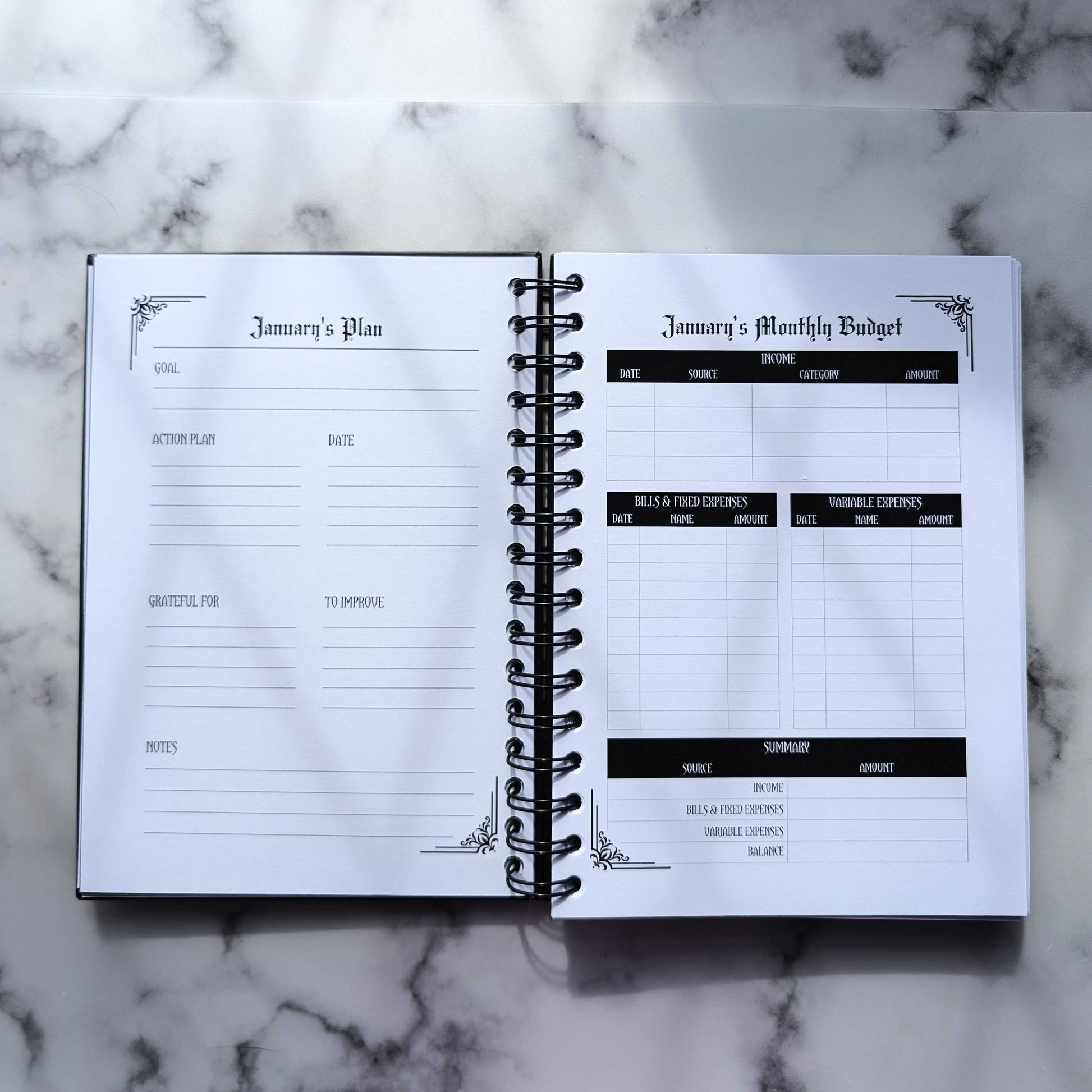 A two page layout inside the 2025 Planner by Gothic Office. The left page says January's Plan and has spaces for your goals and notes.  The right page is for your monthly budget.