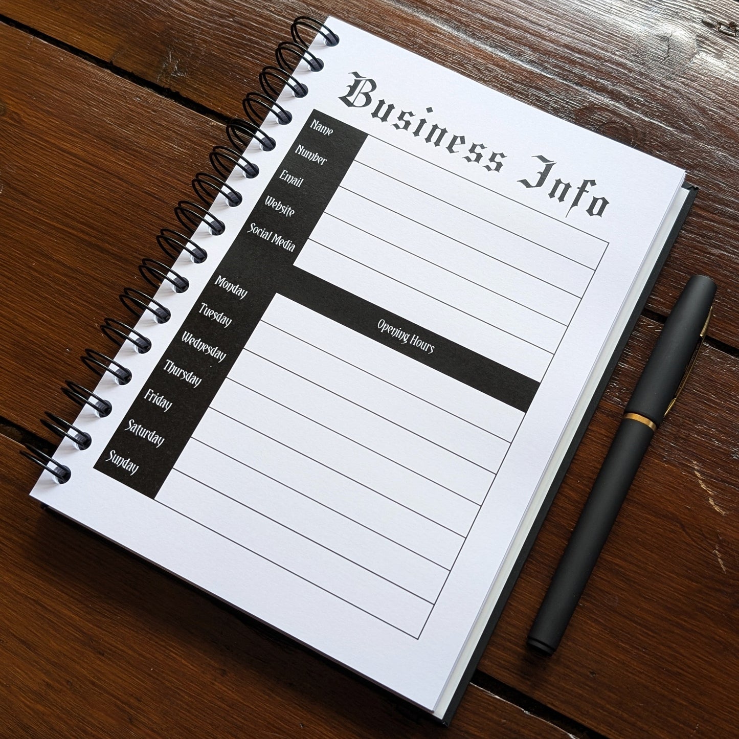 This is a photo of the Business Info page inside the Appointment Book by Gothic Office. 