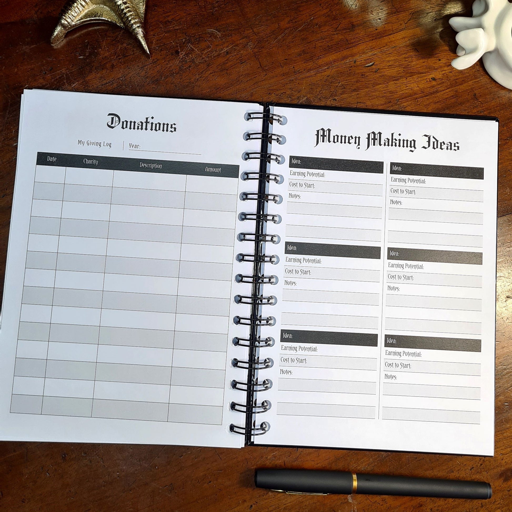 A two-page layout inside the Financial Planner by Gothic Office. The left page is for Donations and the right page is Money Making Ideas. 