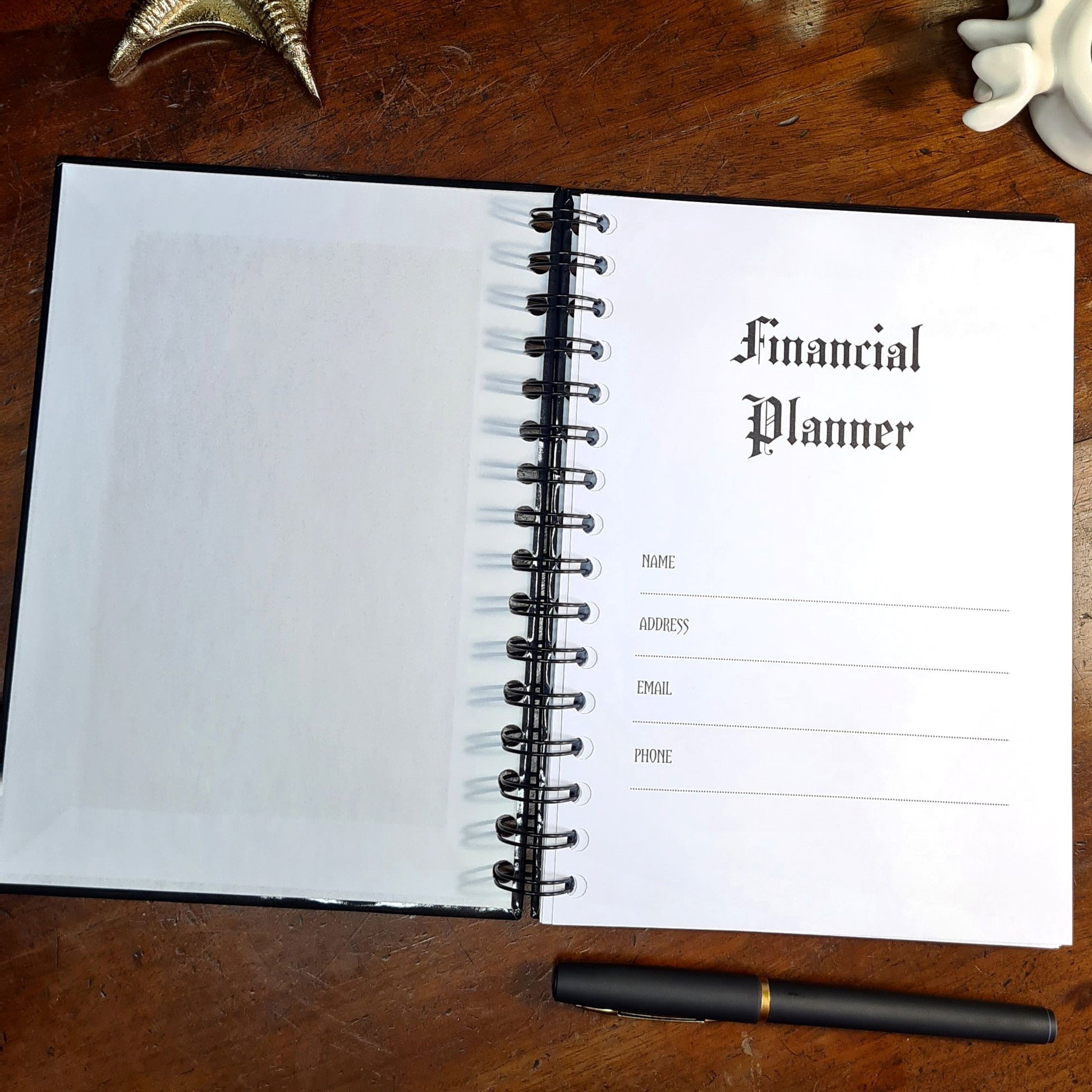 The inside of a gothic Financial Planner by Gothic Office. On this page you can write your name, address, email and phone number.