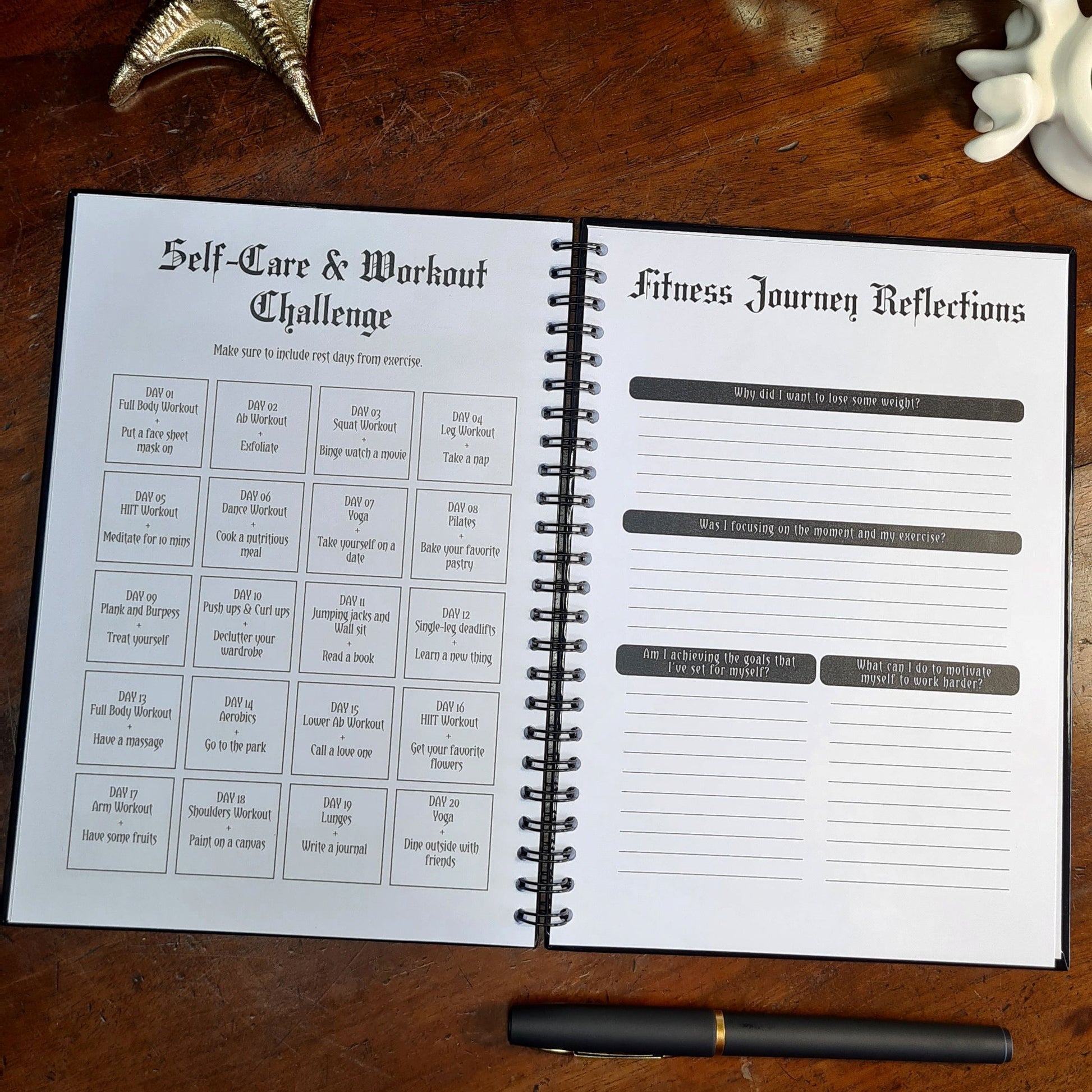 A two page layout inside the Fitness Planner by Gothic Office. The left page is Self-Care & Workout Challenge and the right is Fitness Journey Reflections. 
