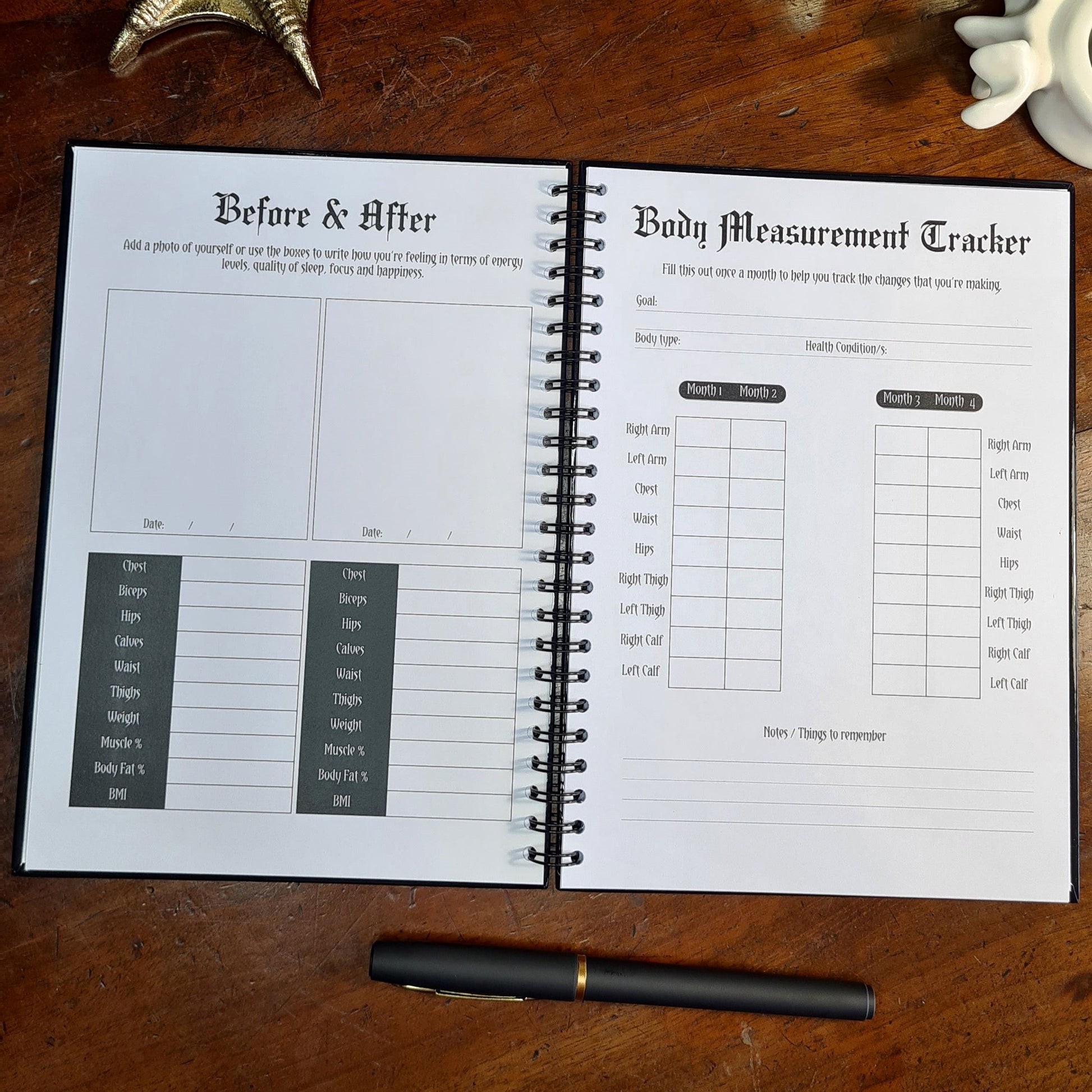 A two page layout inside the Fitness Planner by Gothic Office. The left page is Before & After and the right page is a Body Measurement Tracker, months 1 - 4.