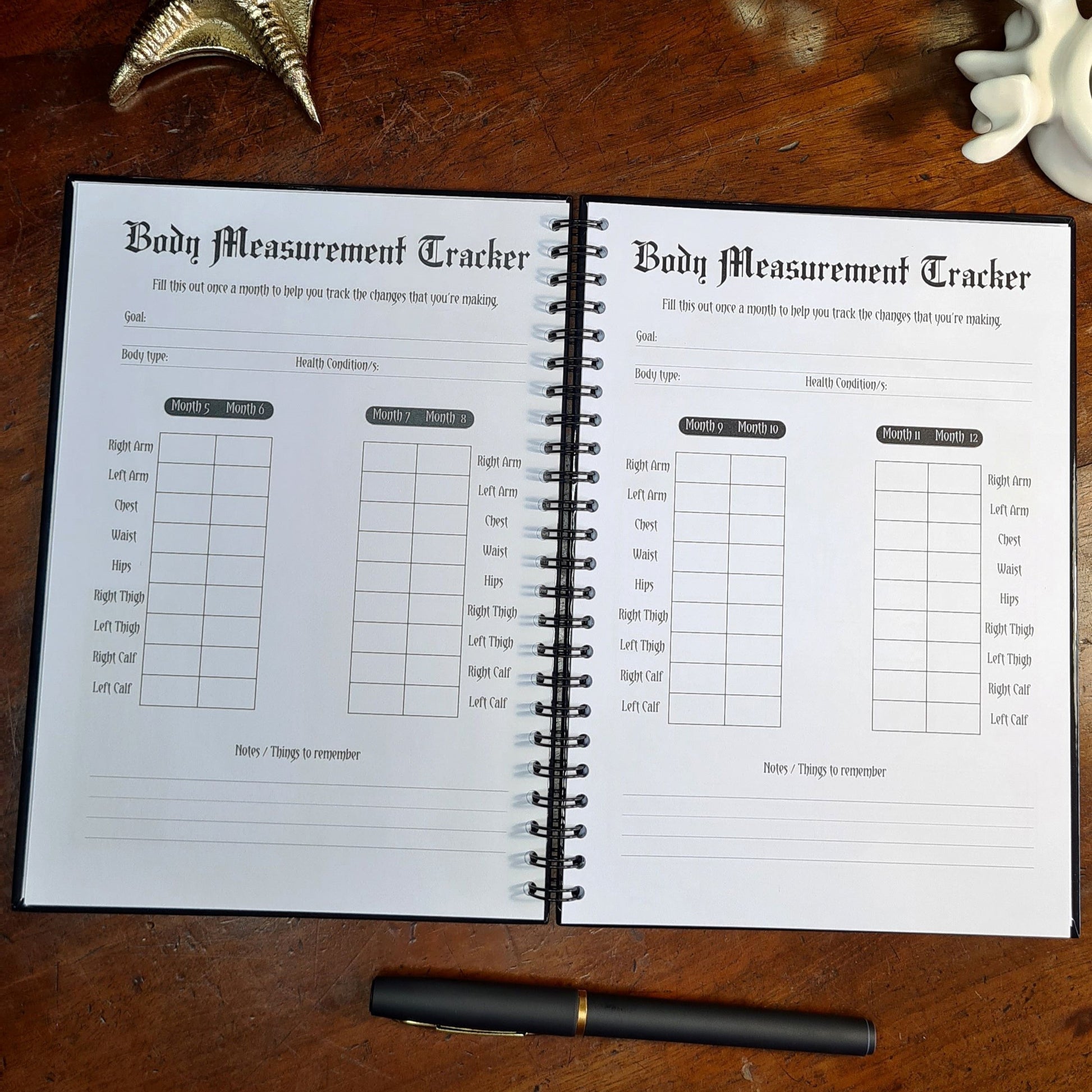 A two page layout inside the Fitness Planner by Gothic Office. The left page is a body Measurement Tracker for months 5 - 8 and the left is months 9 - 12.