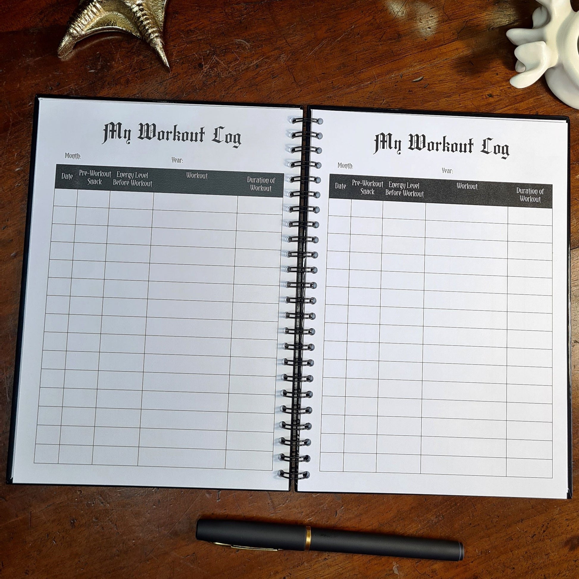 A two page layout inside the Fitness Planner by Gothic Office. Both pages our a Workout Log.