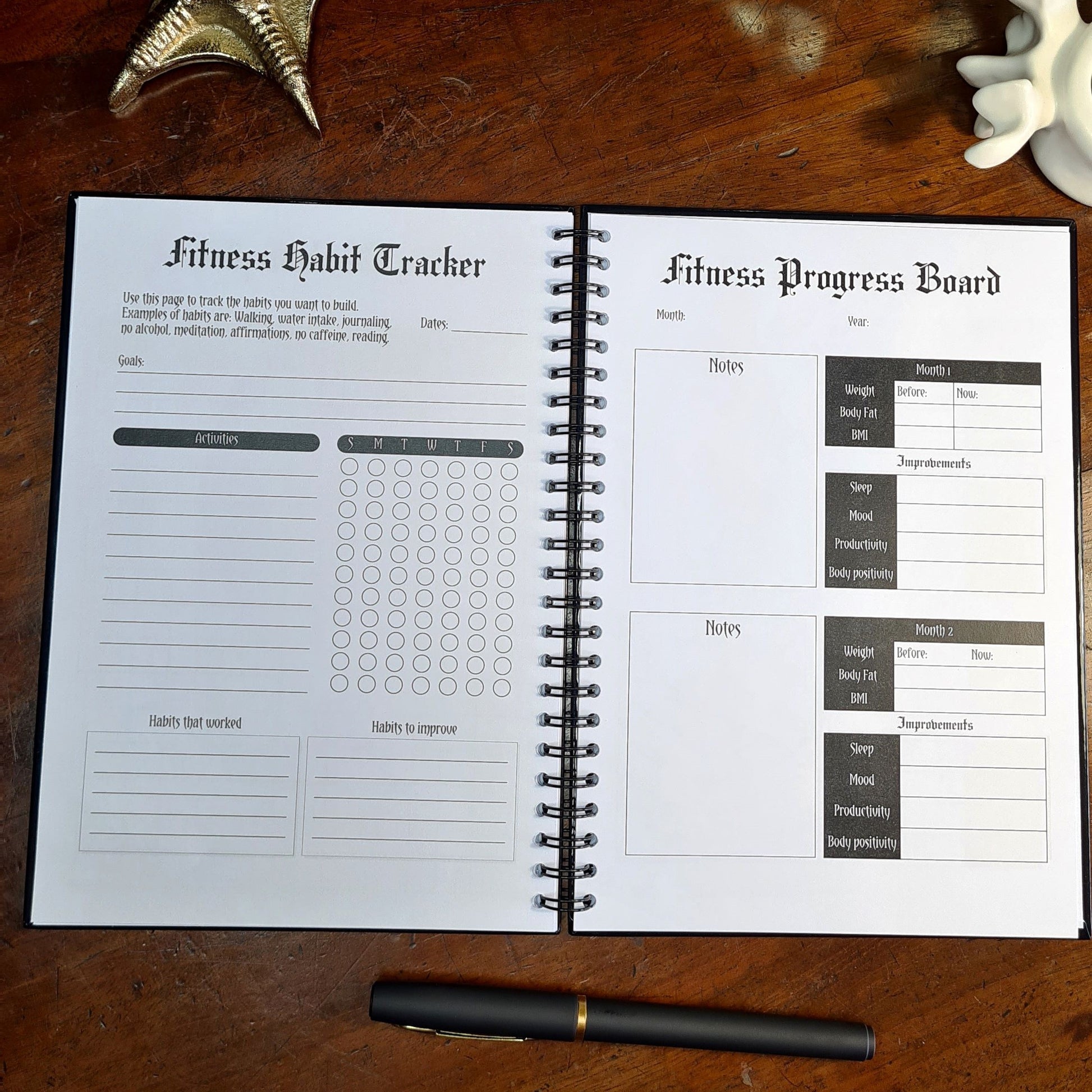 A two page layout inside the Fitness Planner by Gothic Office. The left page is a Fitness Habit Tracker and the right is a Fitness Progress Board, months 1 and 2.