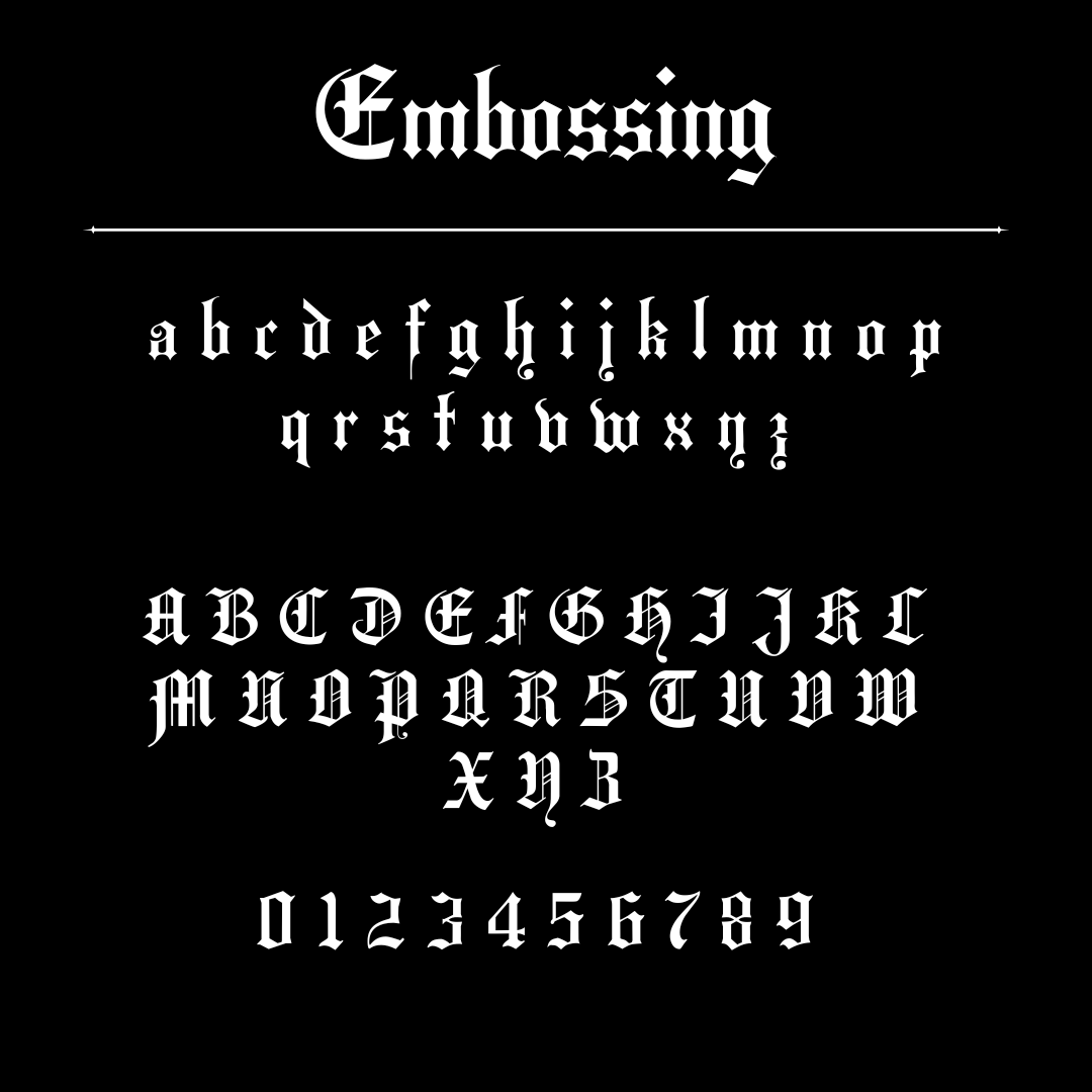 The full alphabet using the font available for personalised embossing. 