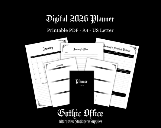 A graph to show the printable PDF version of the 2026 Planner by Gothic Office. 