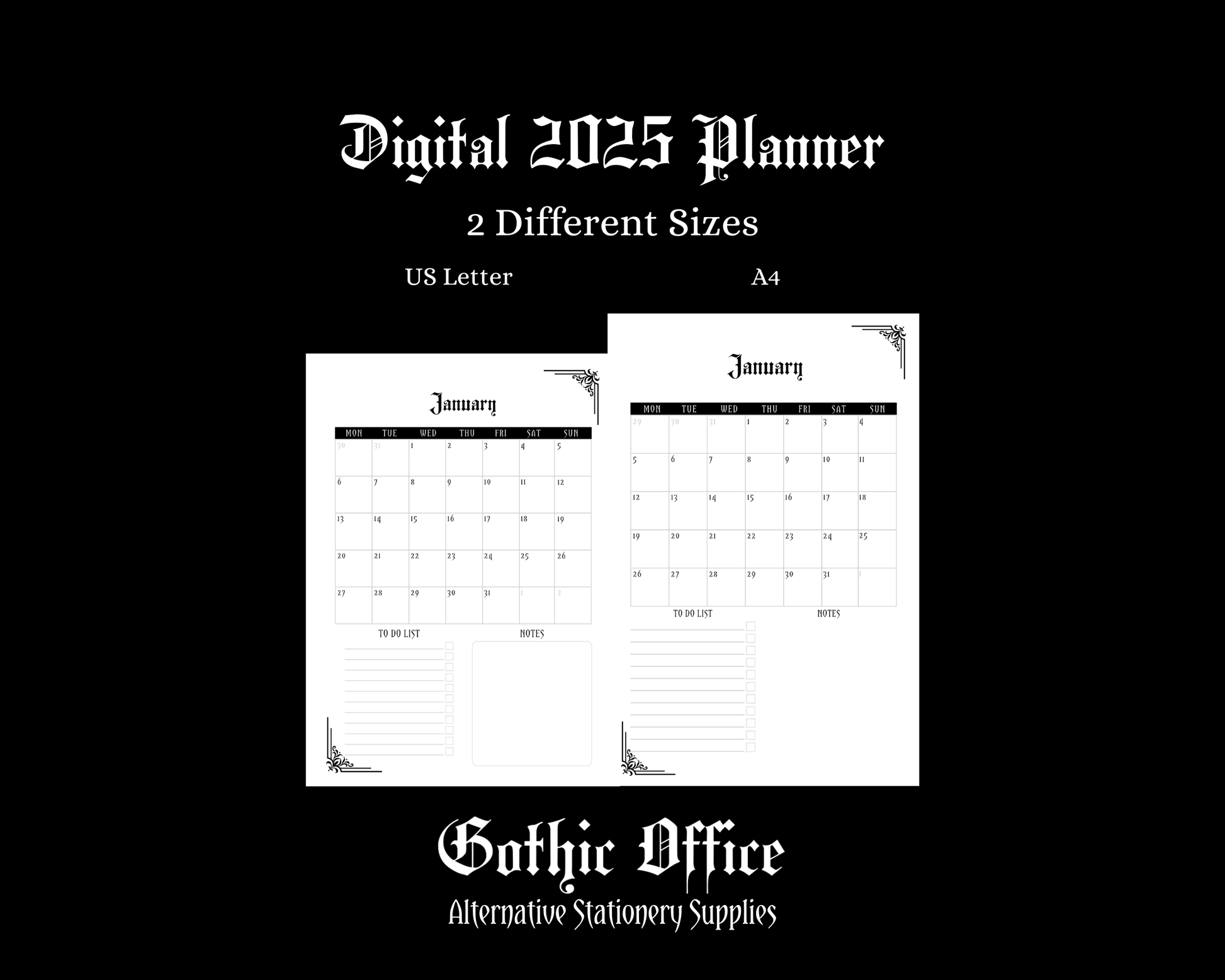 A graphic showing the two sizes of printable planner available. 