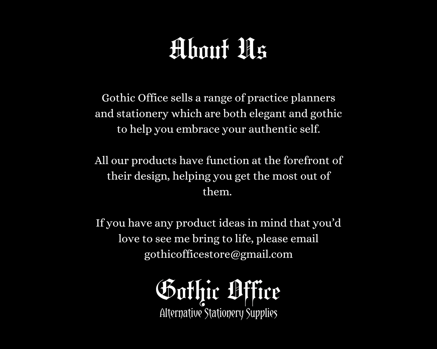An image with a paragraph about the company, Gothic Office. 