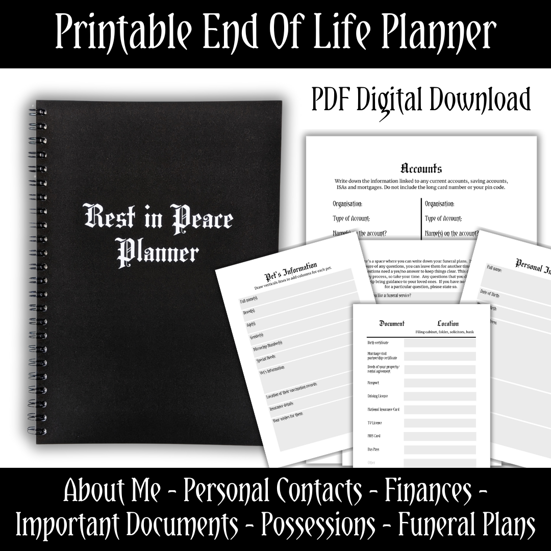 A picture showing some of the pages inside the Printable PDF Rest In Peace Planner.