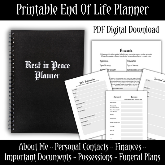 A picture showing some of the pages inside the Printable PDF Rest In Peace Planner.