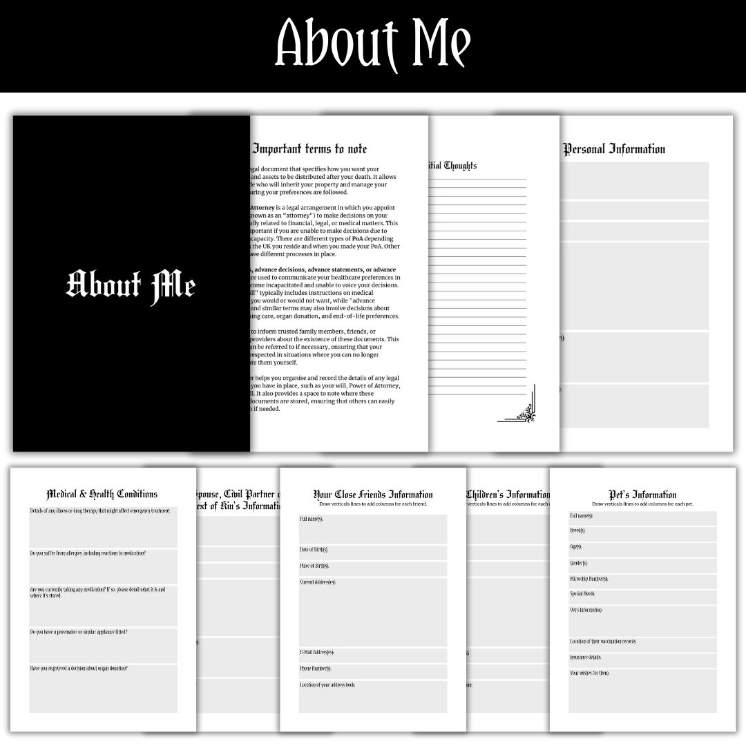 A picture showing the "About Me" section of the Printable PDF Rest In Peace Planner.