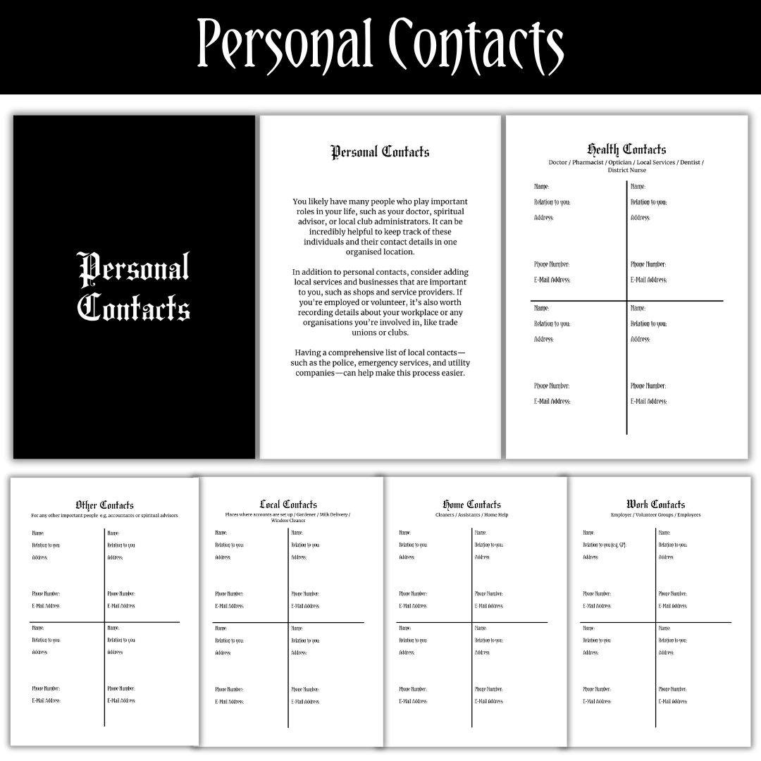A picture showing the "Personal Contacts" section of the Printable PDF Rest In Peace Planner.