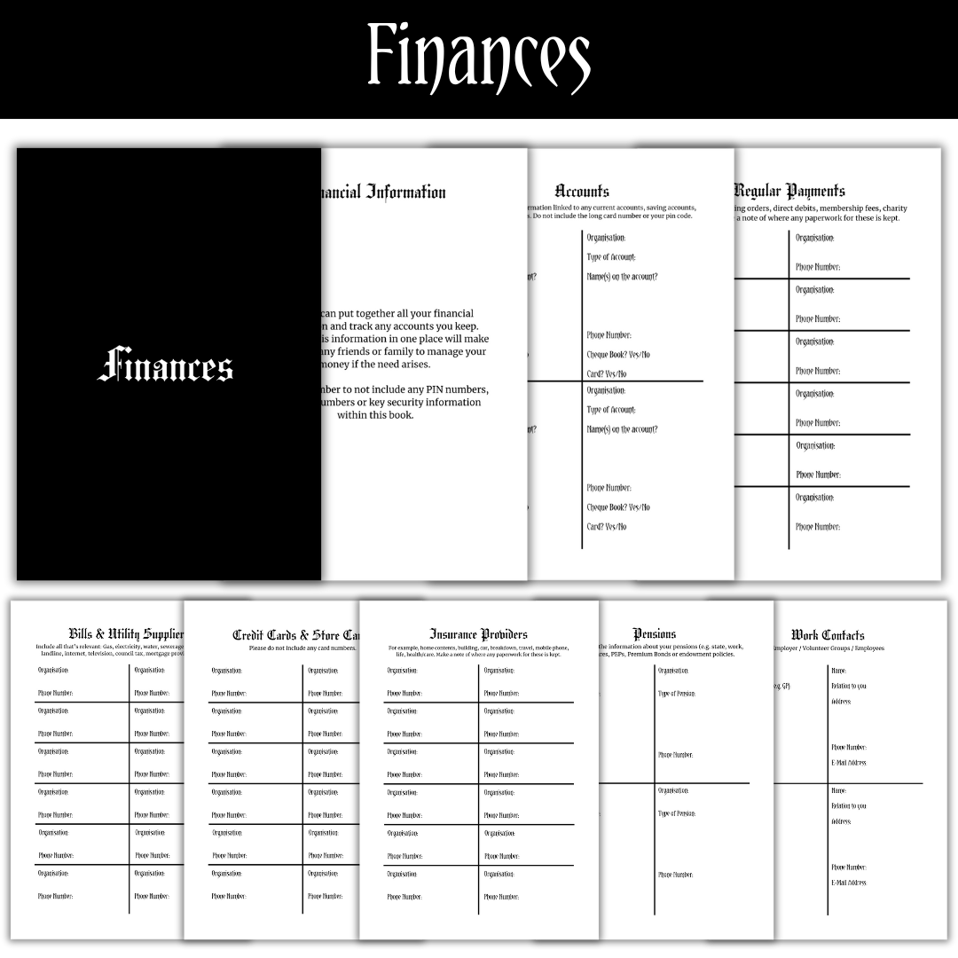 A picture showing the "Finances" section of the Printable PDF Rest In Peace Planner.