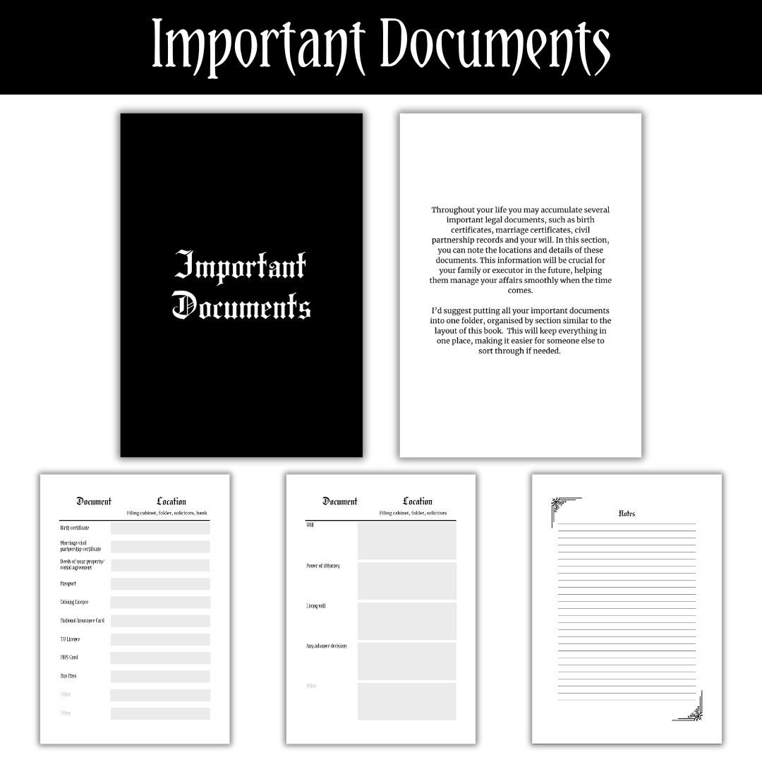 A picture showing the "Important Documents" section of the Printable PDF Rest In Peace Planner.