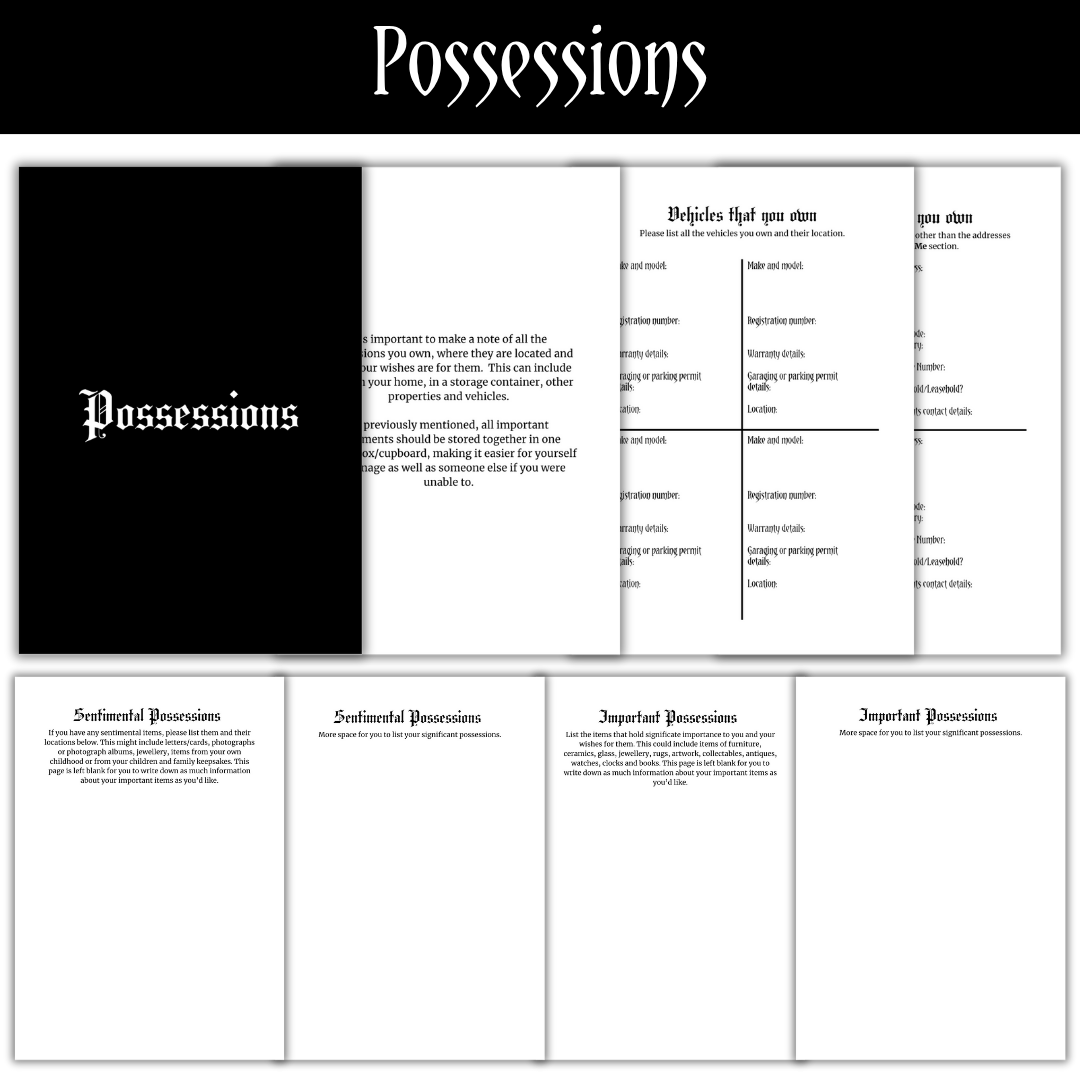 A picture showing the "Possessions" section of the Printable PDF Rest In Peace Planner.