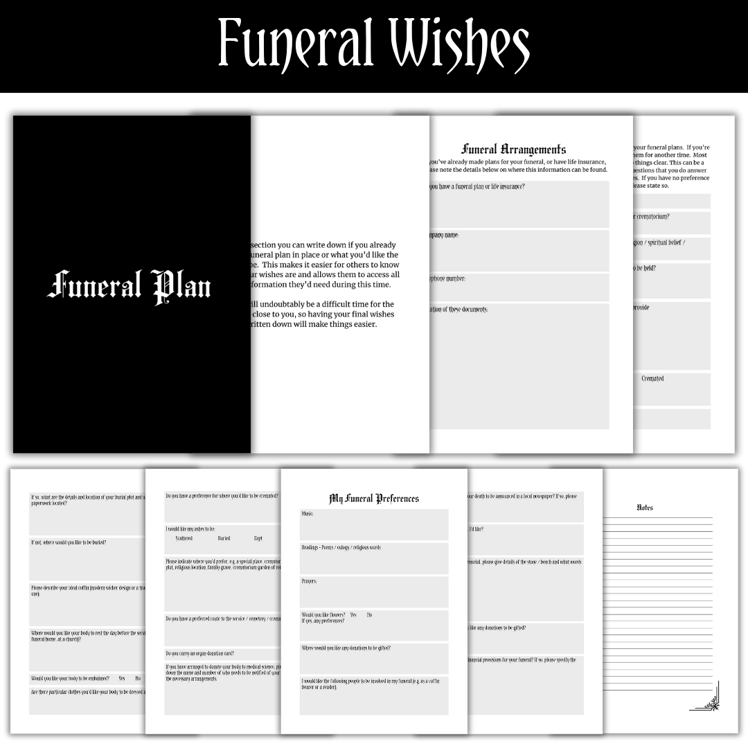 A picture showing the "Funeral Wishes" section of the Printable PDF Rest In Peace Planner.