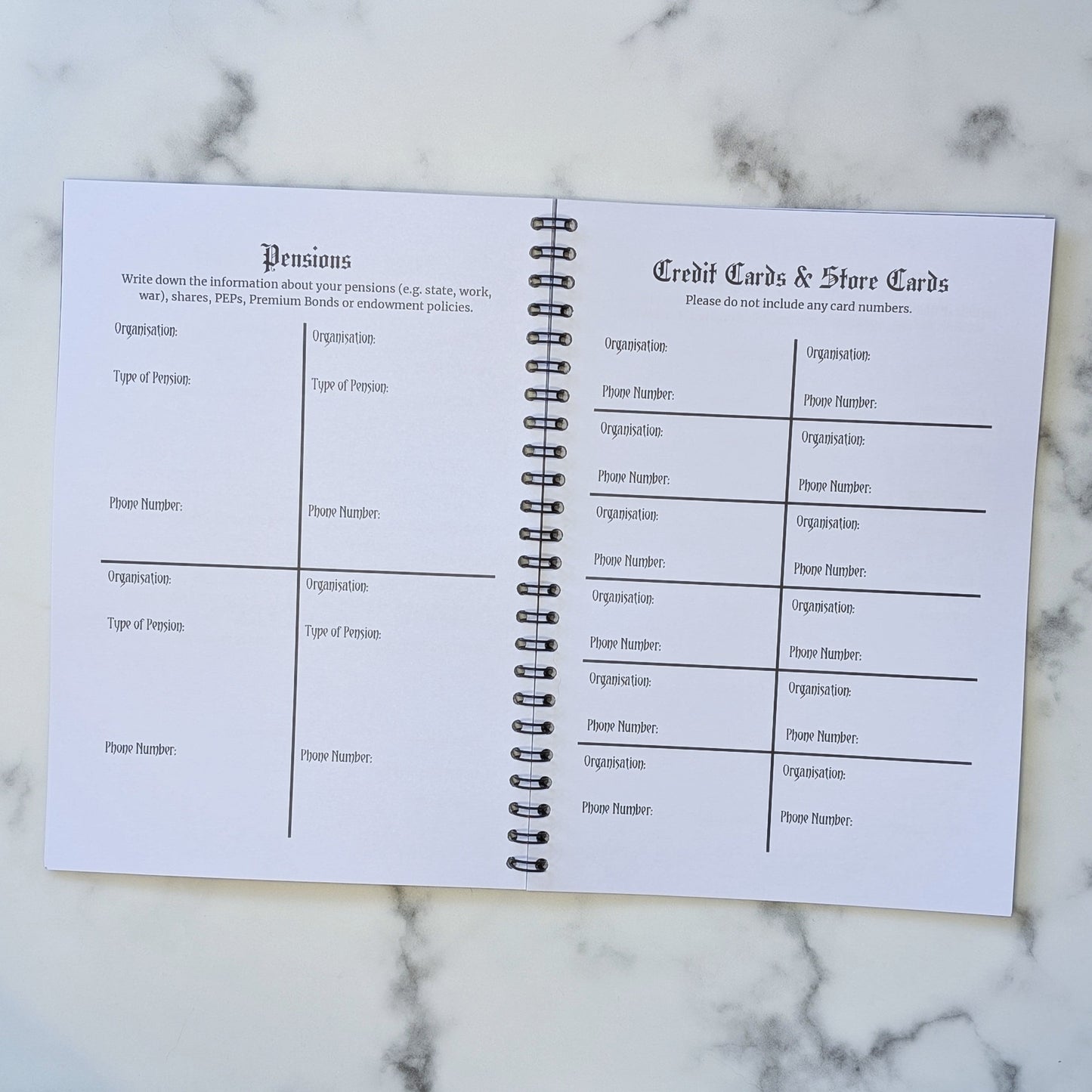 Two page view of the Rest In Peace Planner by Gothic Office.  These pages are for pensions, credit cards and store cards.