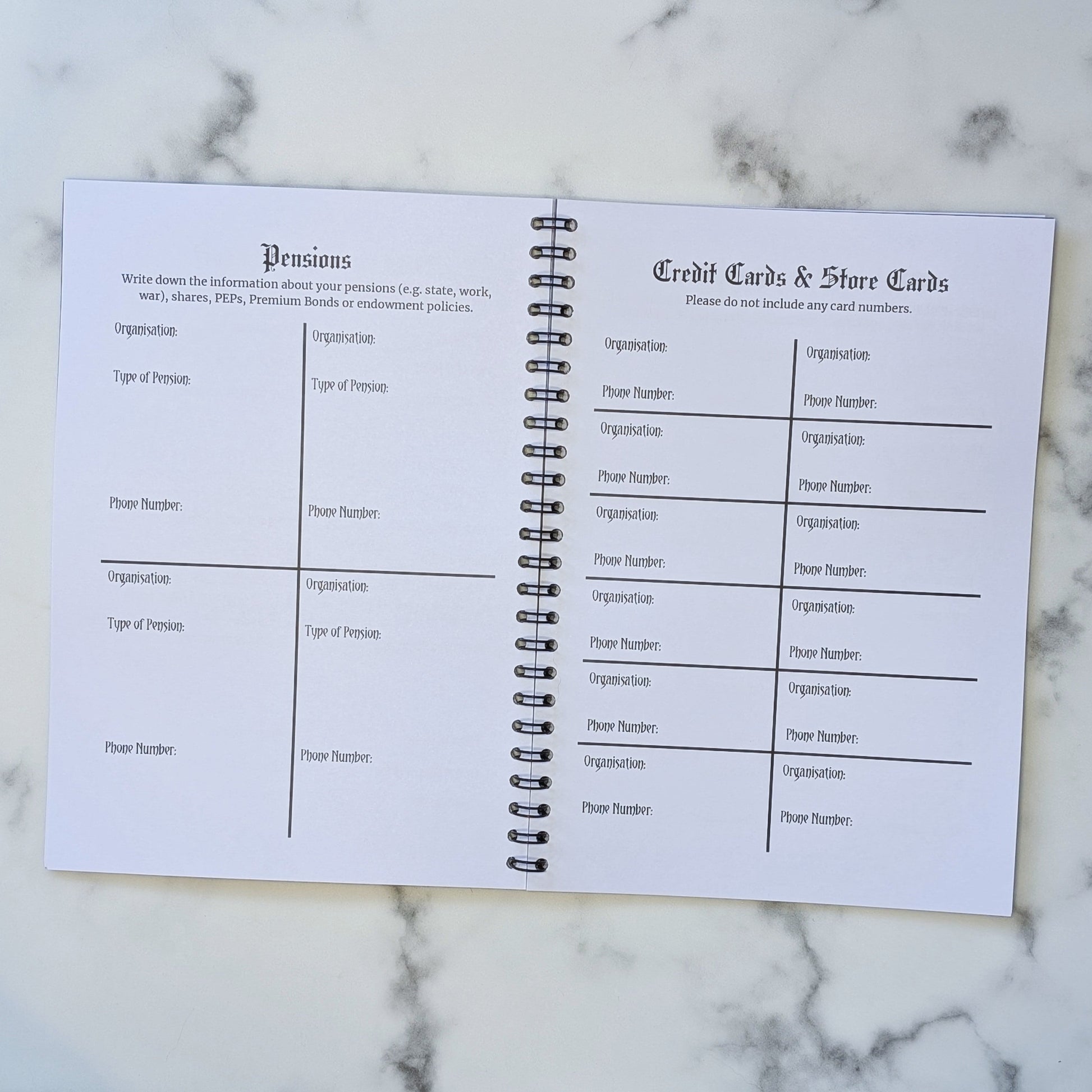 Two page view of the Rest In Peace Planner by Gothic Office.  These pages are for pensions, credit cards and store cards.