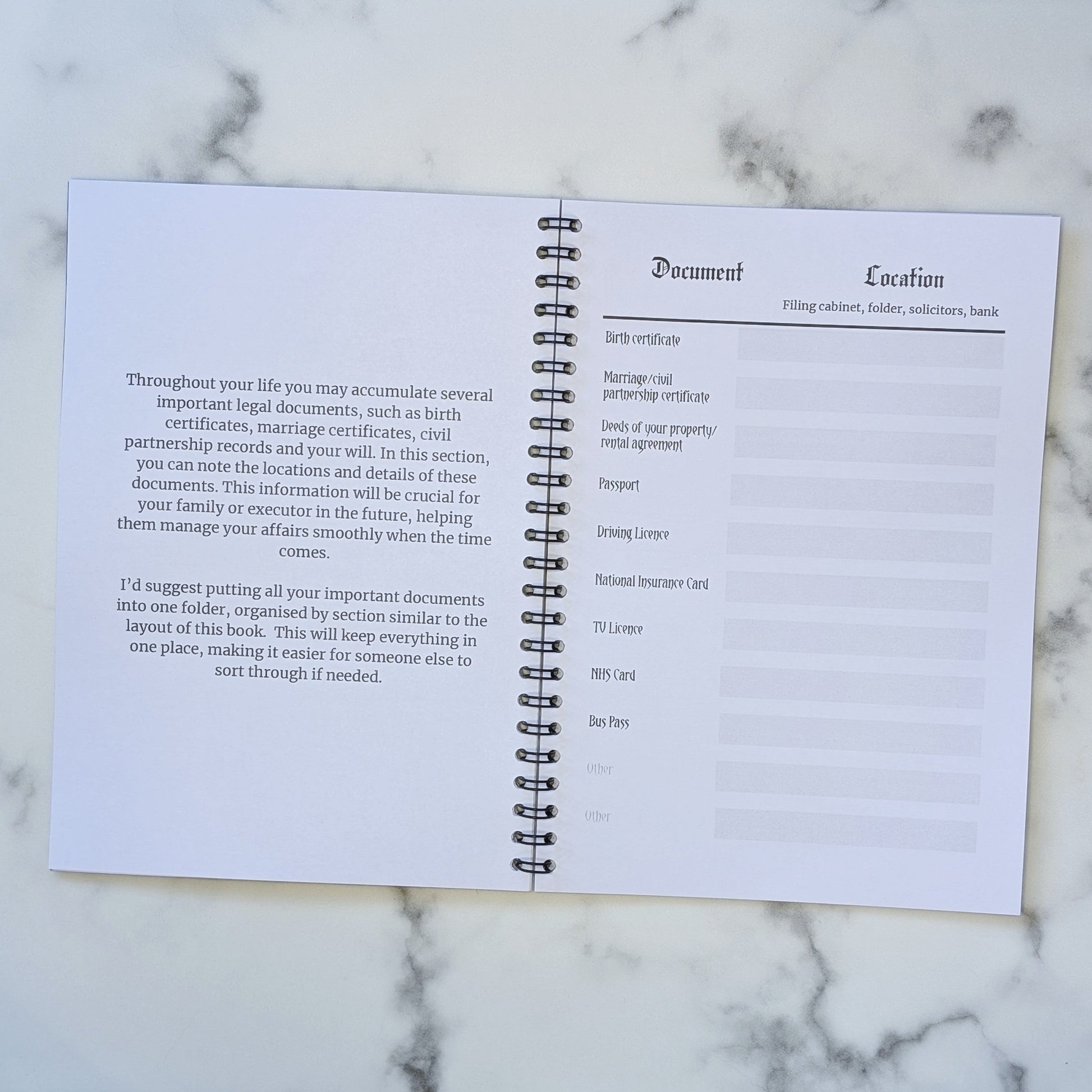 Two page view of the Rest In Peace Planner by Gothic Office.  These pages are for important documents.