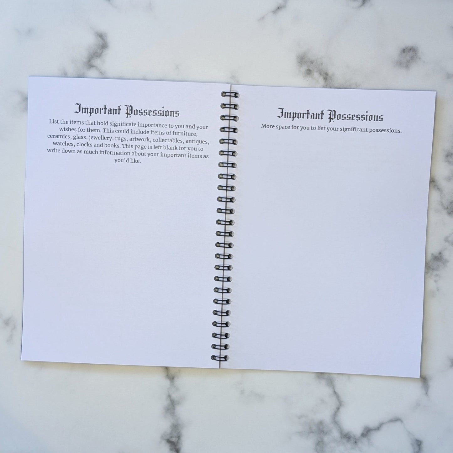 Two page view of the Rest In Peace Planner by Gothic Office.  These pages are for Important Possessions.