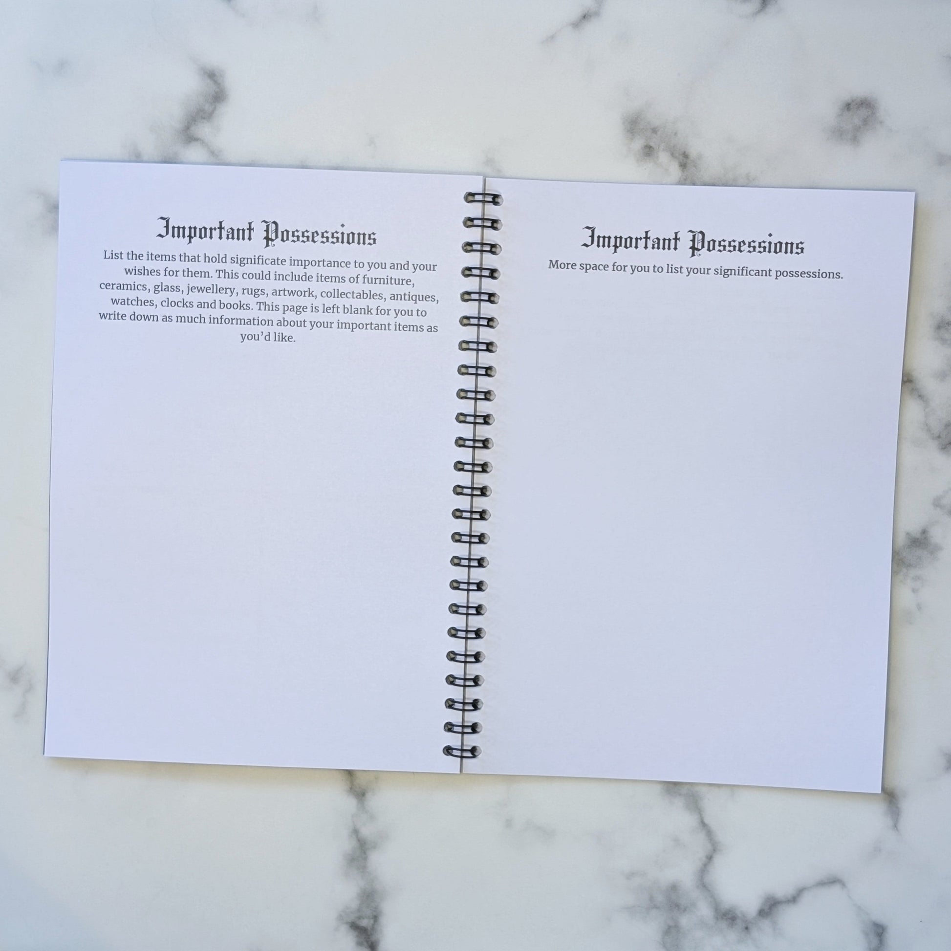 Two page view of the Rest In Peace Planner by Gothic Office.  These pages are for Important Possessions.