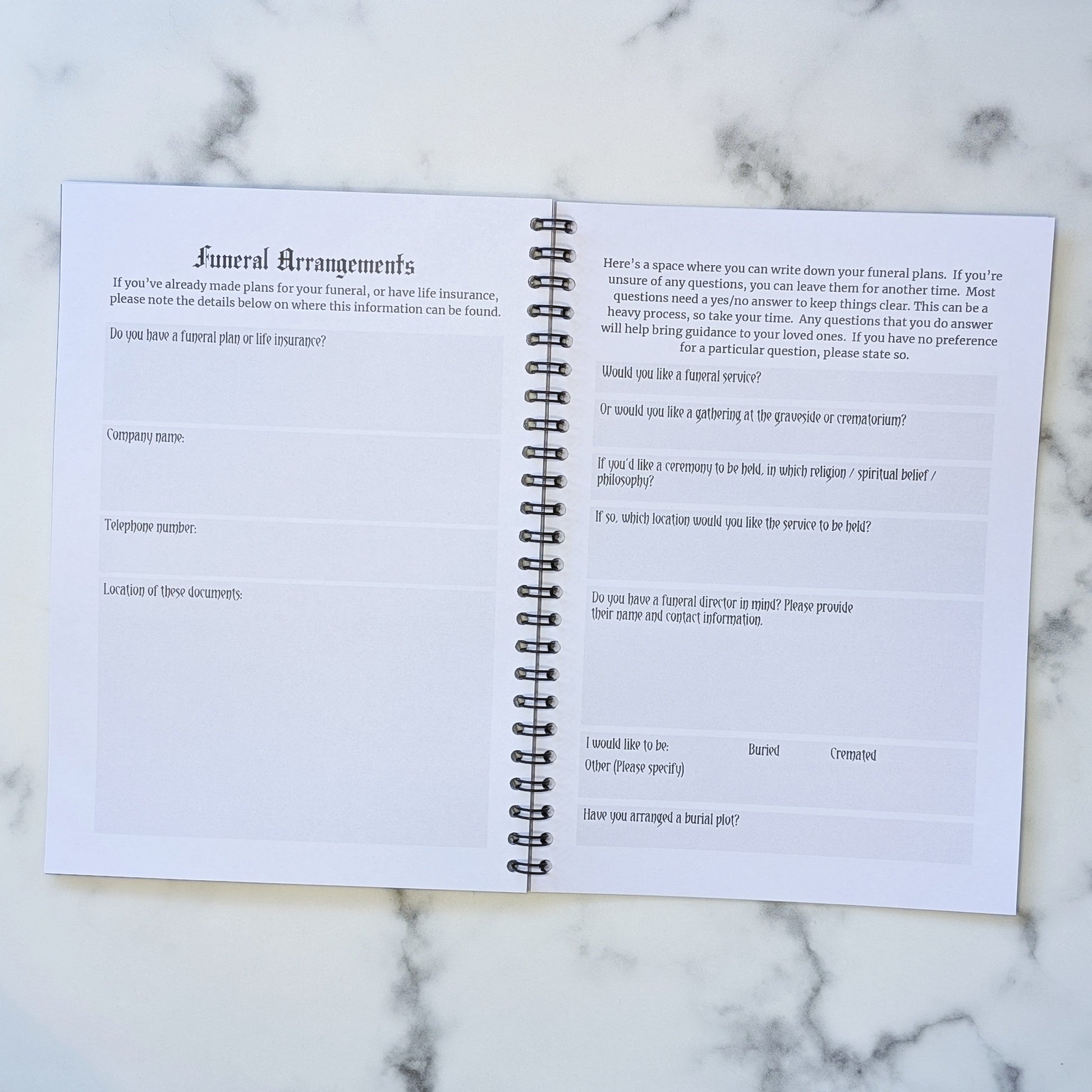 Two page view of the Rest In Peace Planner by Gothic Office.  These pages are for funeral arrangements.