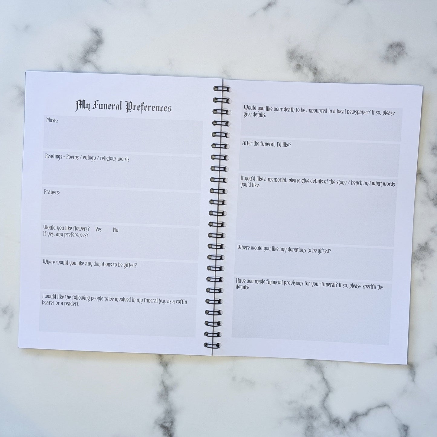 Two page view of the Rest In Peace Planner by Gothic Office.  These pages are for funeral preferences.